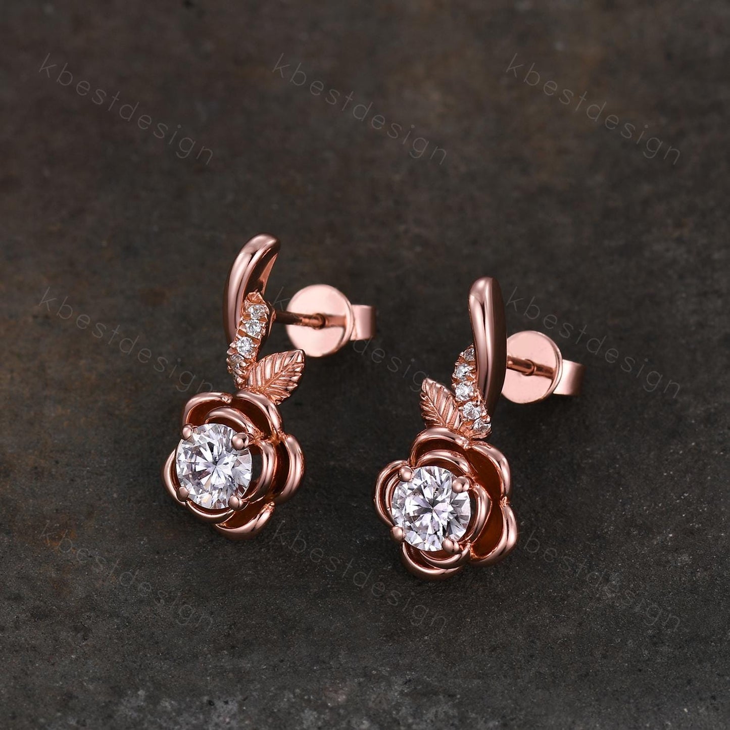 Floral inspired moissanite earrings women rose gold earring studs branch leaf earrings art deco moissanite studs anniversary gift for her