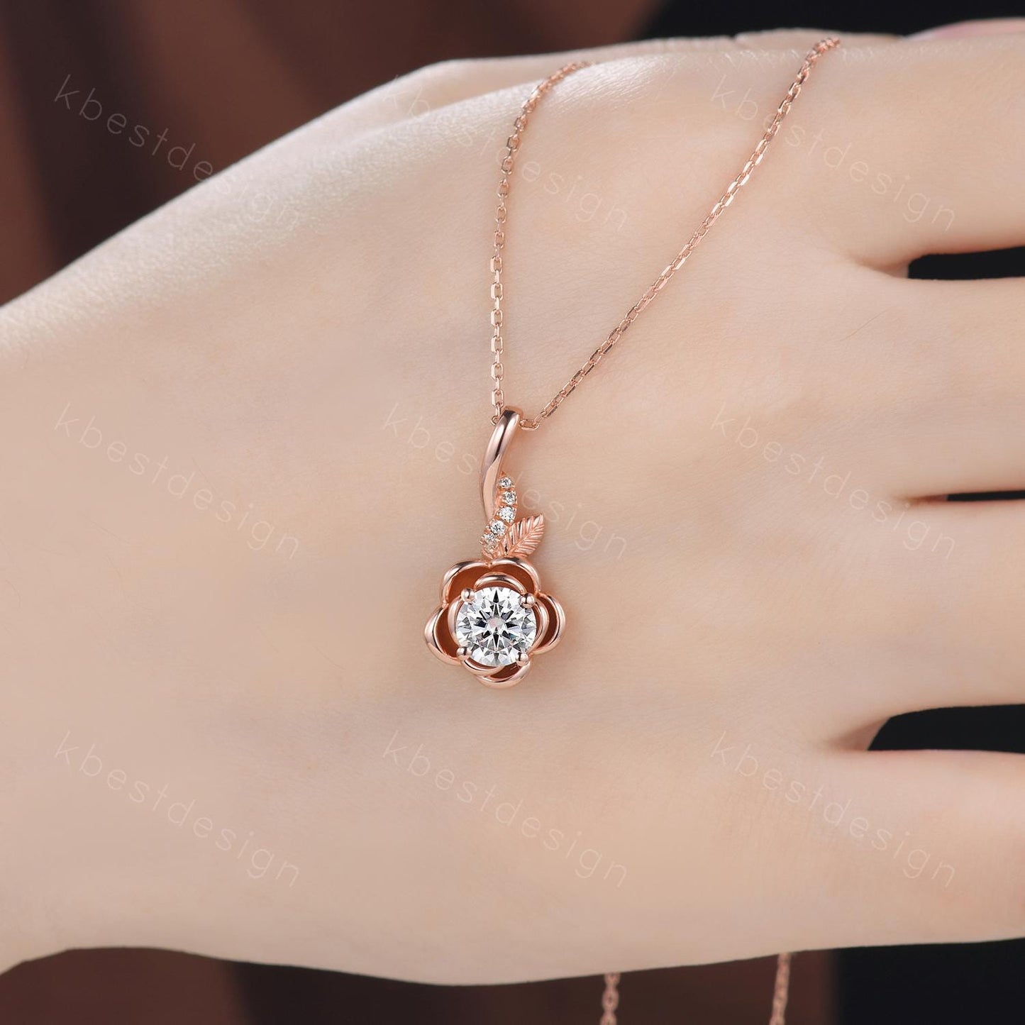 Vintage round Moissanite necklace antique floral leaf pendant necklace rose gold nature inspired necklace Moissanite gift for her