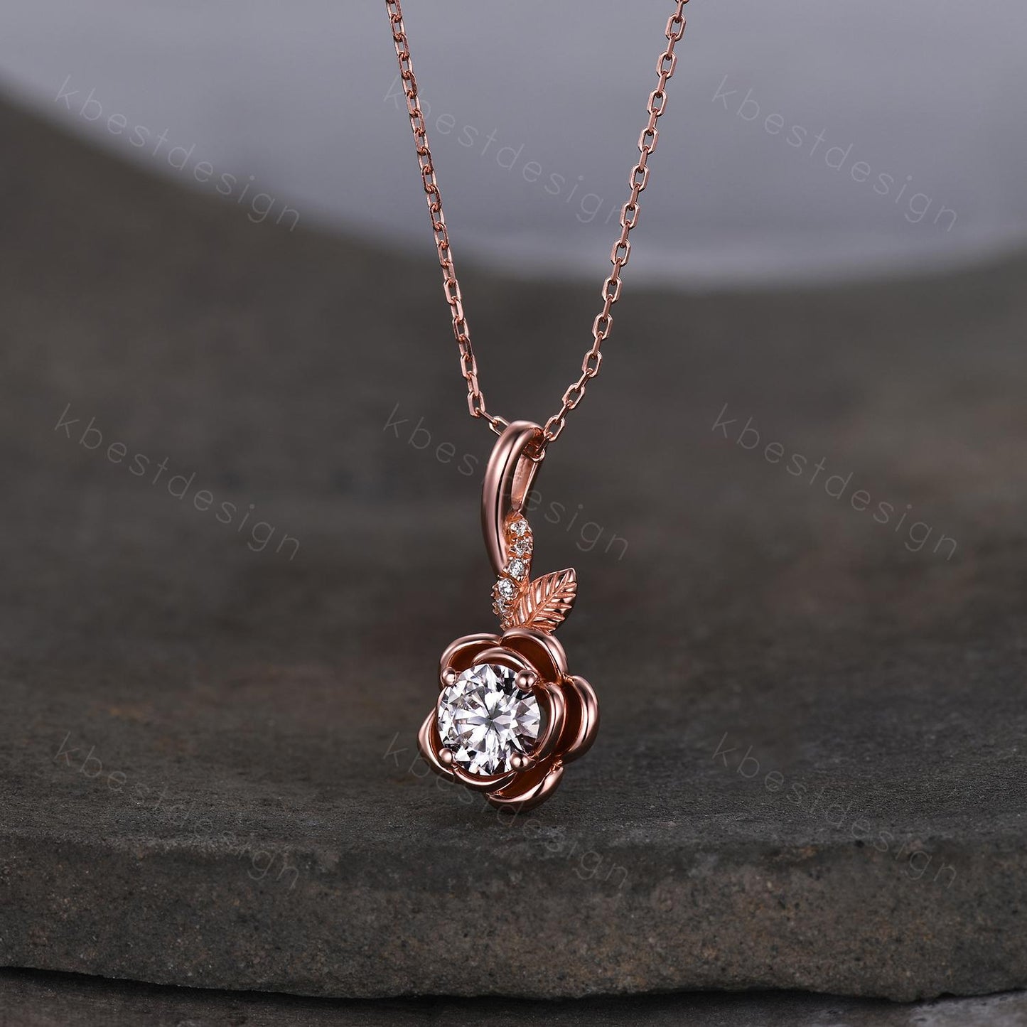 Vintage round Moissanite necklace antique floral leaf pendant necklace rose gold nature inspired necklace Moissanite gift for her