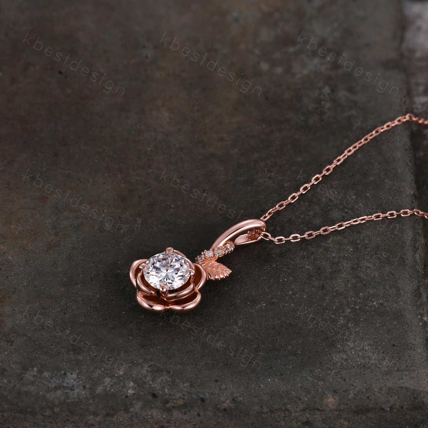 Vintage round Moissanite necklace antique floral leaf pendant necklace rose gold nature inspired necklace Moissanite gift for her