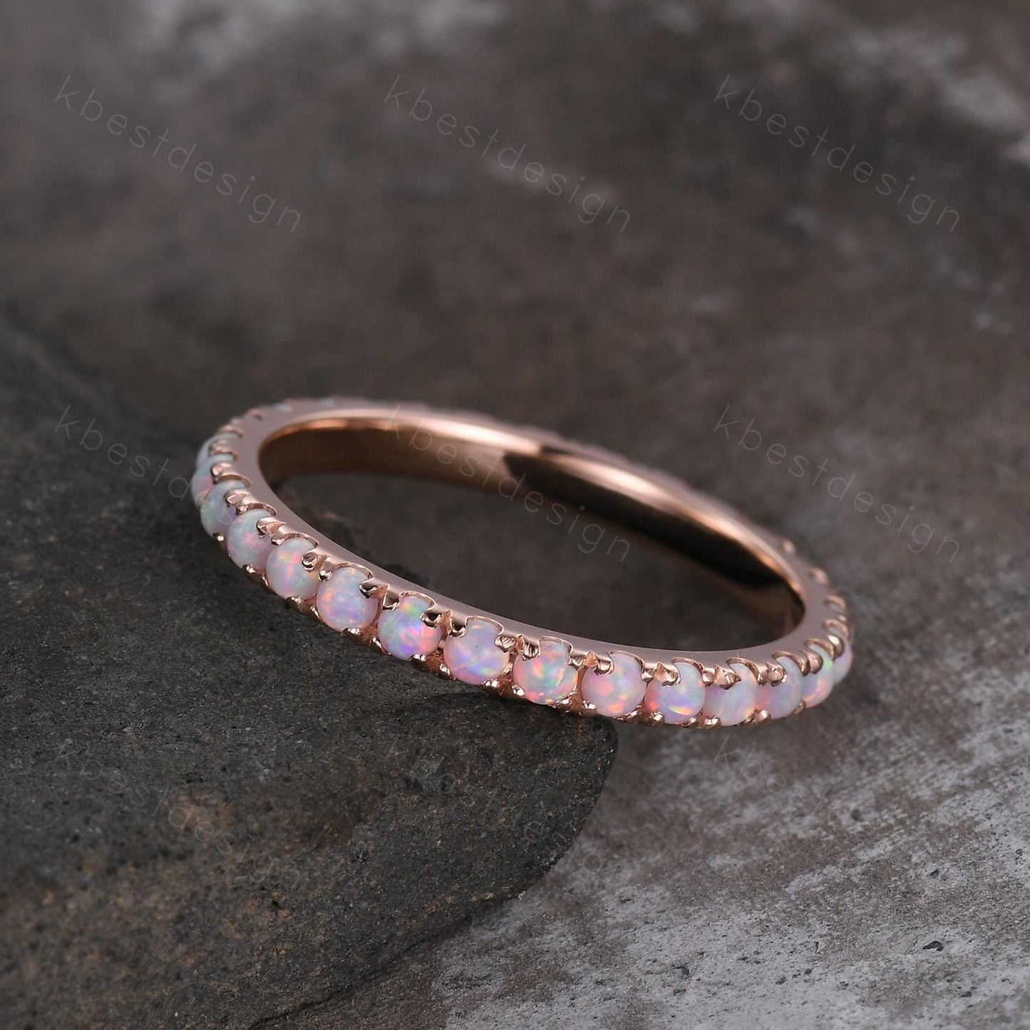 2mm Opal Wedding Band, Full Eternity Wedding Band, Unique Matching Stacking Band, Rose Gold October Birthstone Band, Anniversary Gift