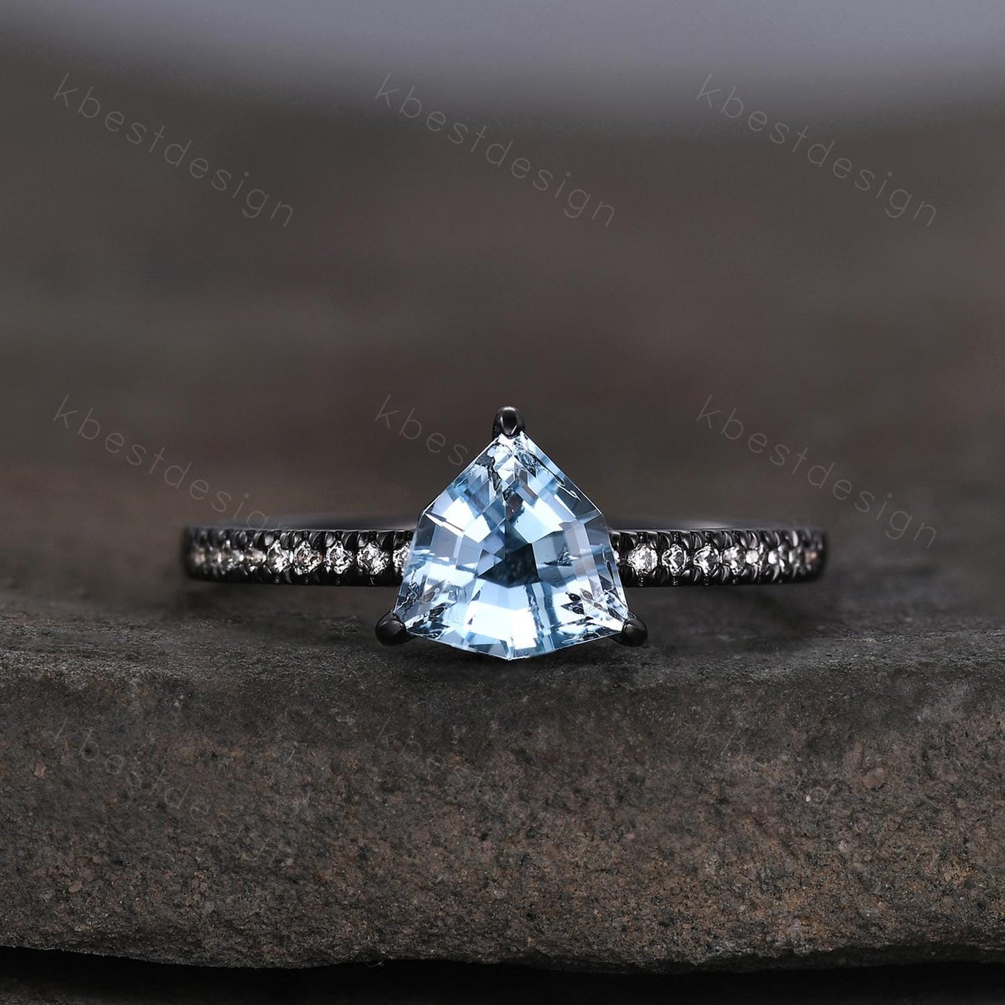 7mm Trillion cut Blue Topaz Ring Gothic Black Gold Ring Unique Irregular Engagement Ring December Gemstone Solitaire Ring Promise Ring