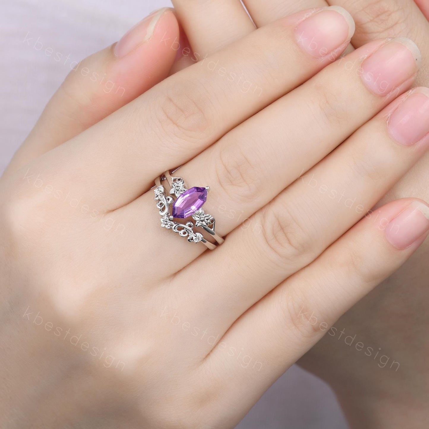 Antique Amethyst Engagement Ring Floral Hexagon cut Amethyst Bridal Set Unique Curved Moissanite Wedding Ring Anniversary Promise Gift