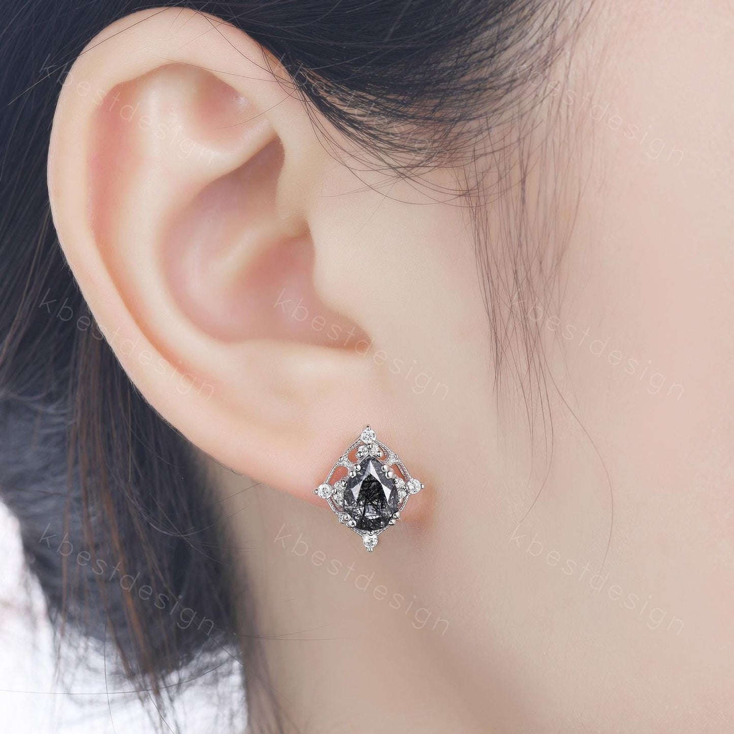 Black ritulated quartz earrings women sterling silver earring studs pear cut earrings vintage quartz studs antique anniversary gift for her