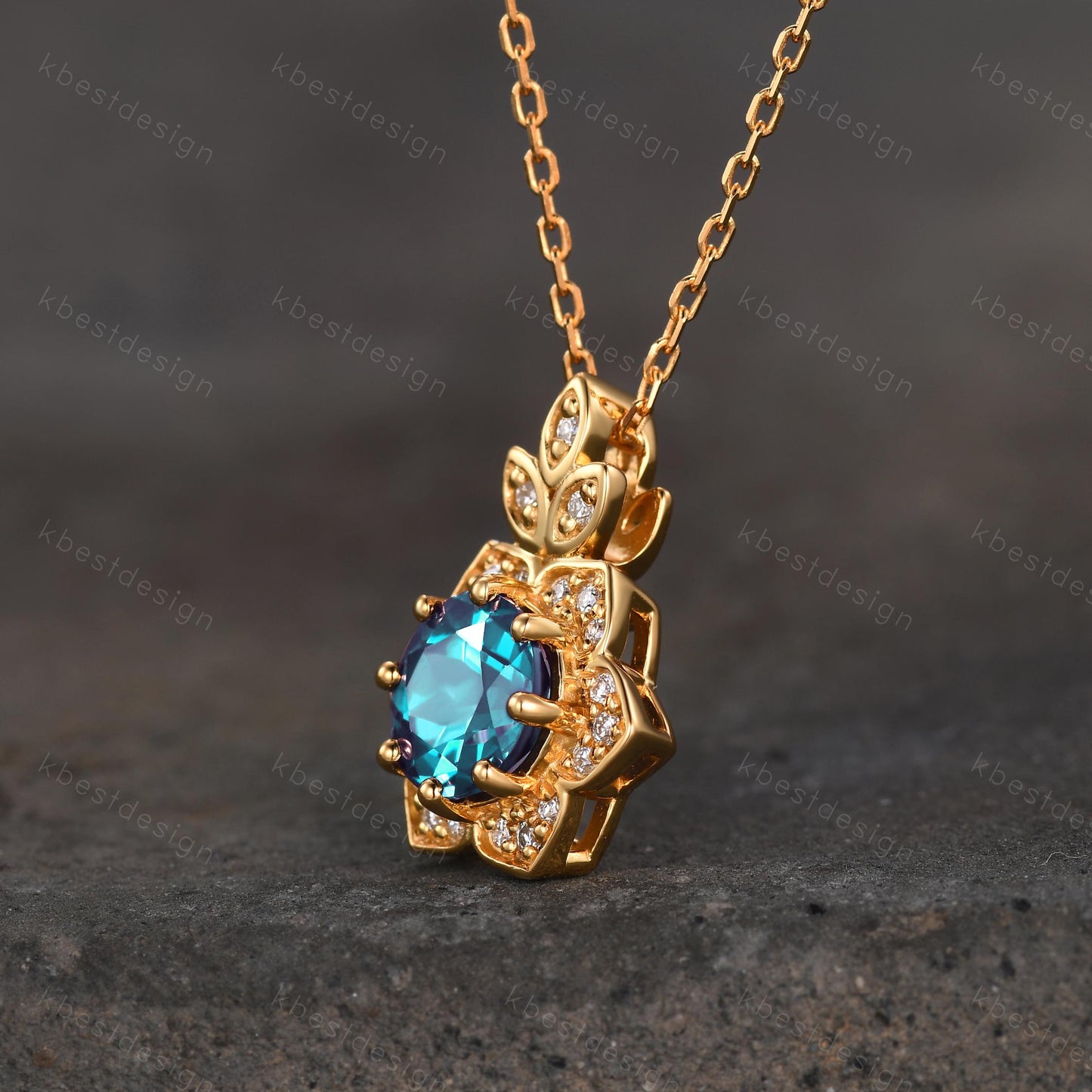 Vintage round Alexandrite necklace antique moissanite halo pendant necklace yellow gold alexandrite necklace June Birthstone gift for her