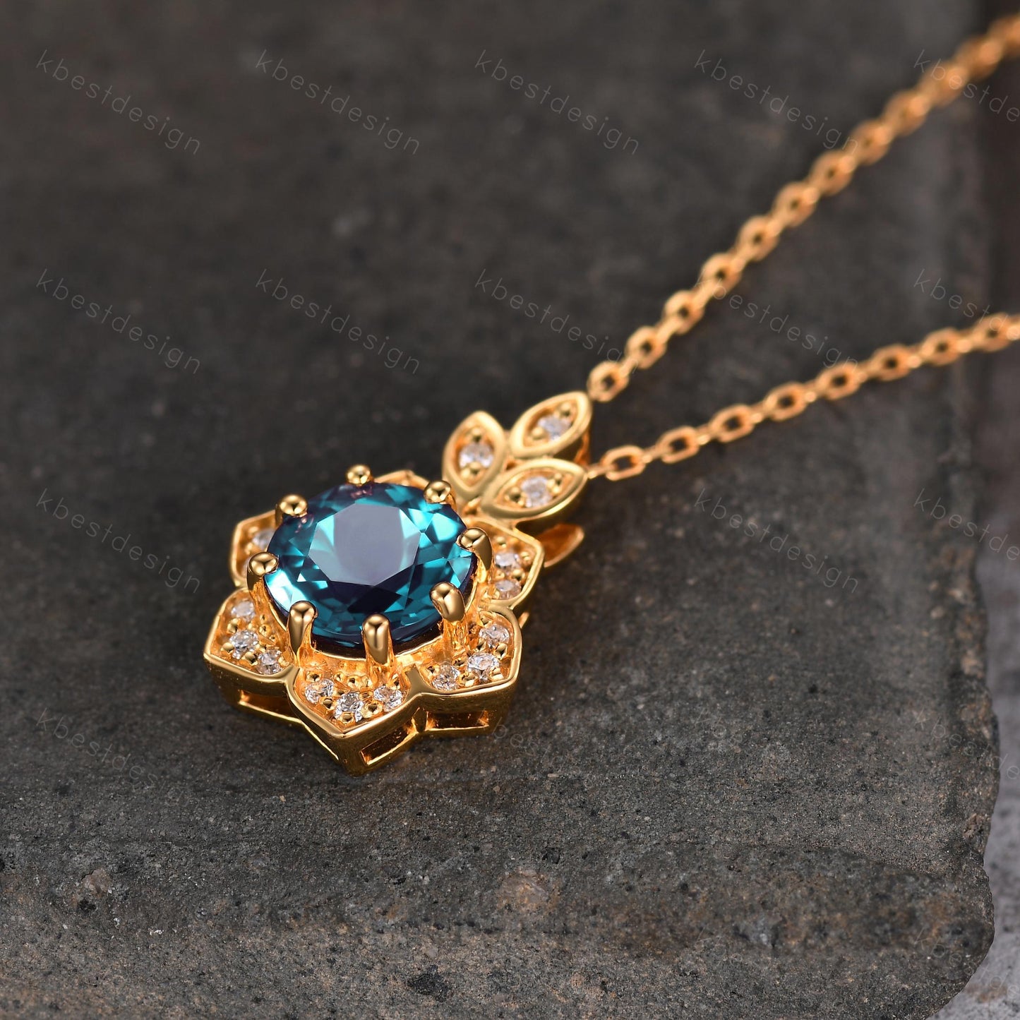 Vintage round Alexandrite necklace antique moissanite halo pendant necklace yellow gold alexandrite necklace June Birthstone gift for her