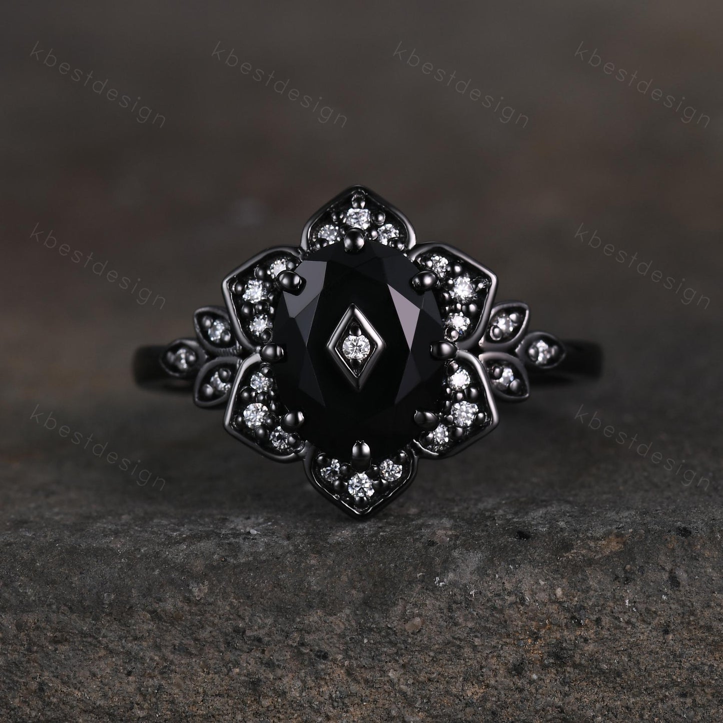 Antique black onyx engagement ring Black gold ring Art deco floral design moissanite wedding ring unique petal ring bridal promise ring