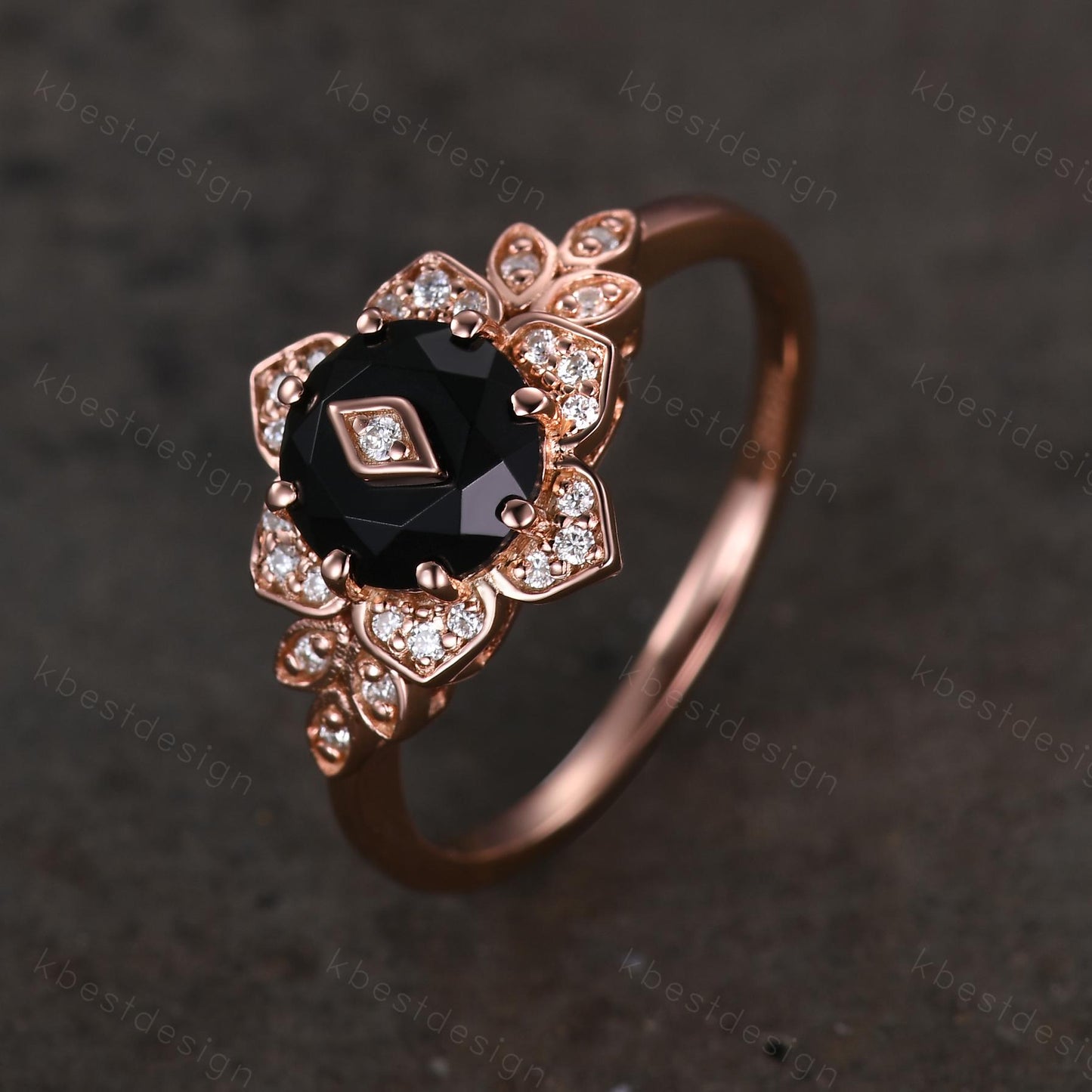 Vintage round Black Onyx engagement ring antique moissanite halo ring rose gold floral petal ring Nature inspired ring Promise ring