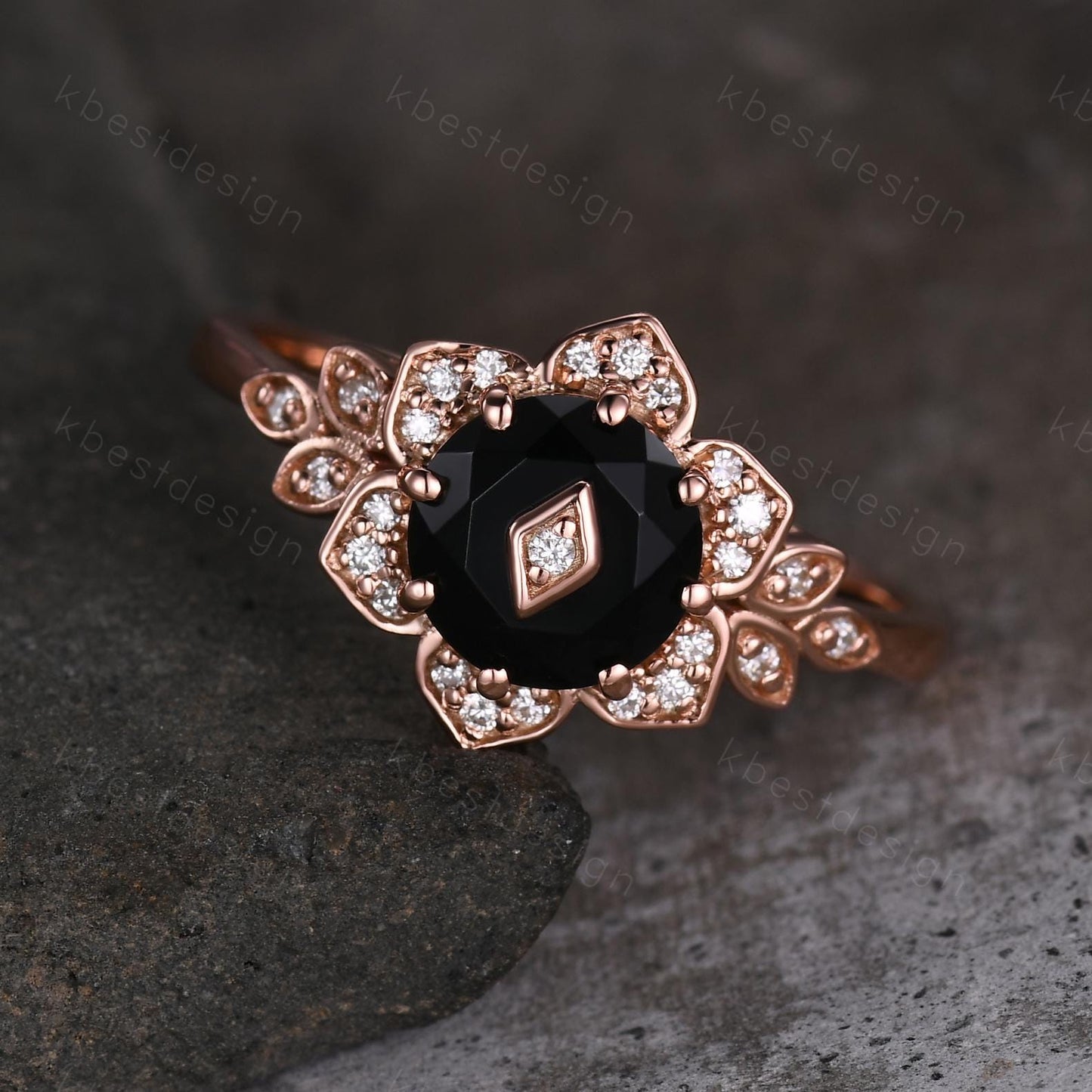 Vintage round Black Onyx engagement ring antique moissanite halo ring rose gold floral petal ring Nature inspired ring Promise ring