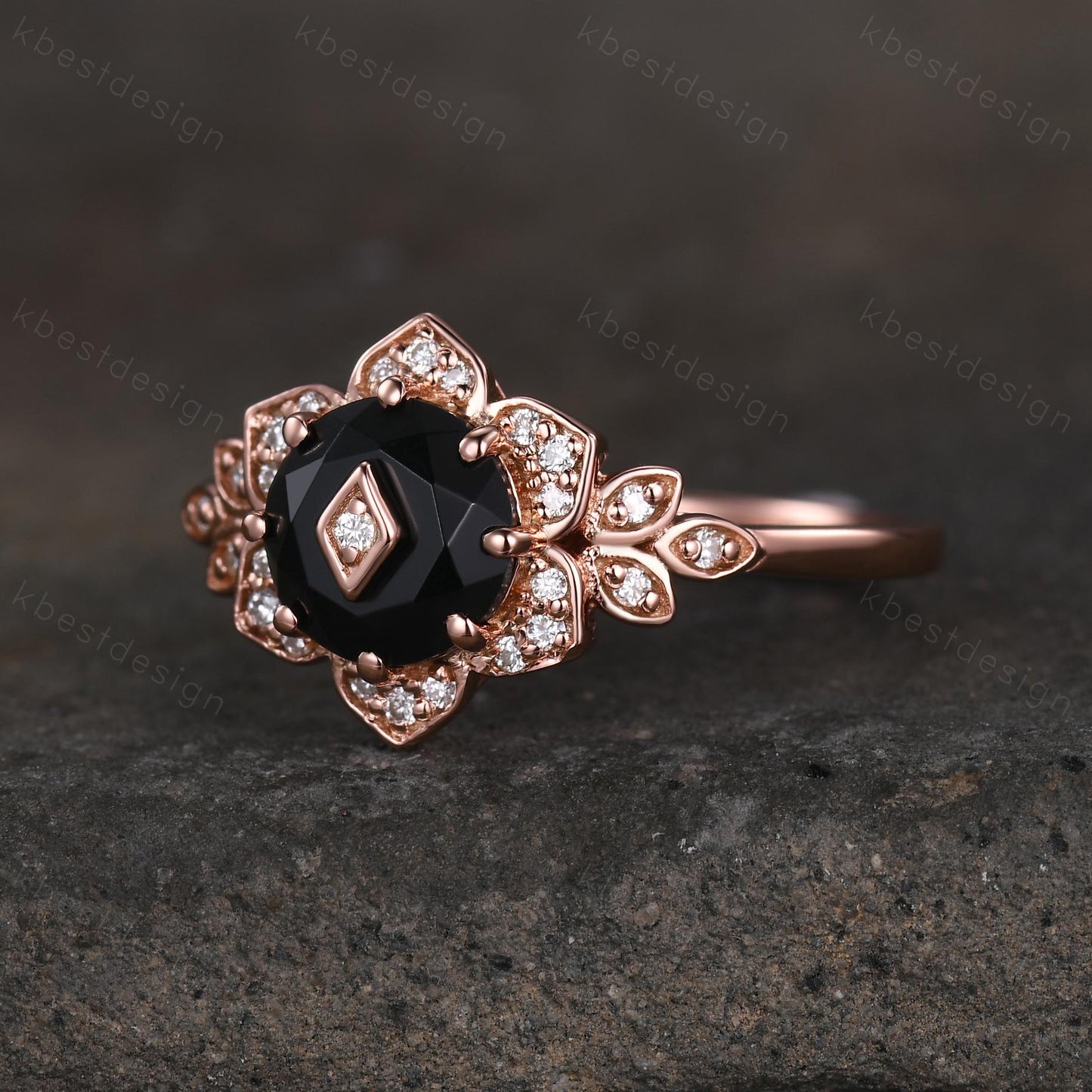 Vintage round Black Onyx engagement ring antique moissanite halo ring rose gold floral petal ring Nature inspired ring Promise ring