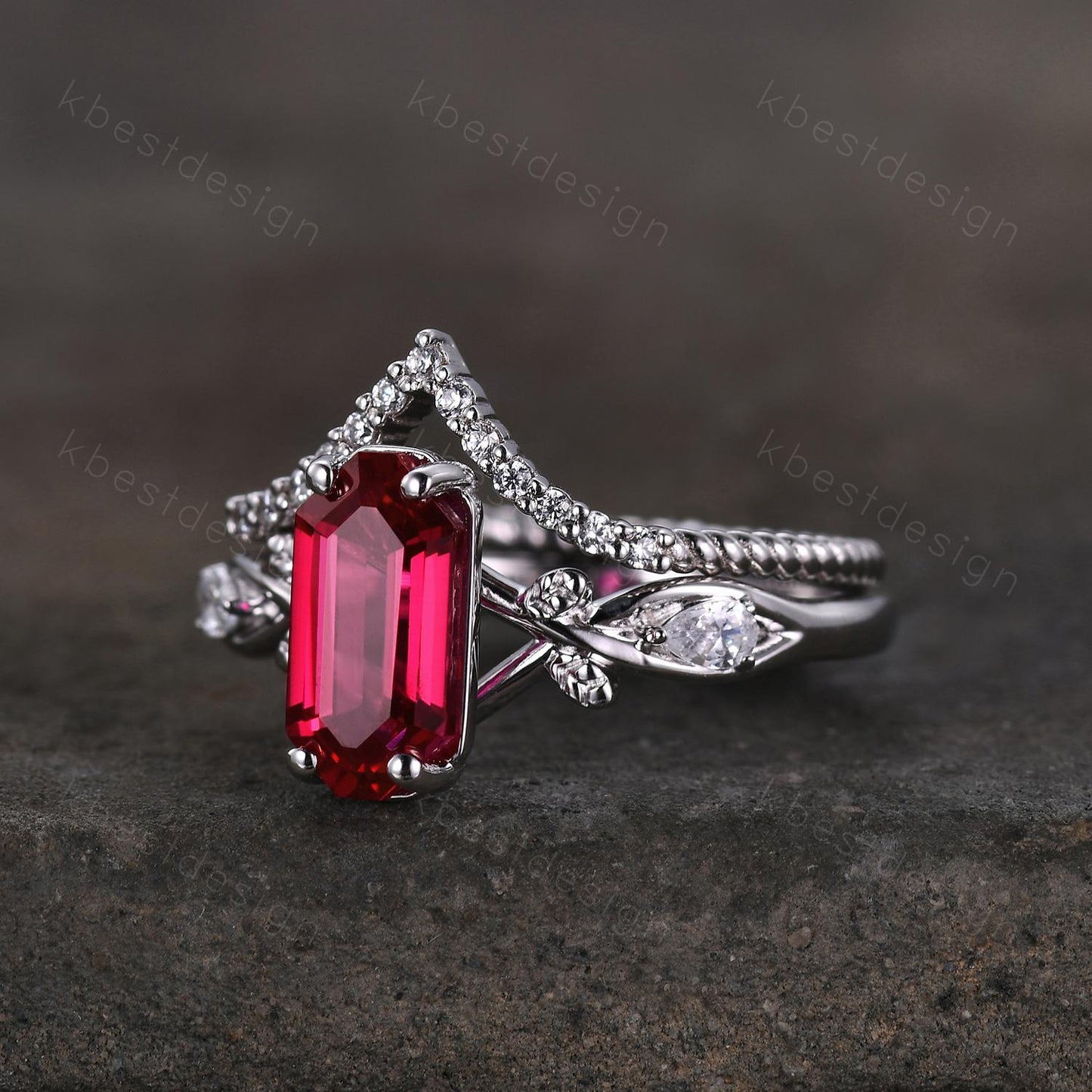 Long Emerald cut Ruby Engagement Ring Twig Leaf Style Bridal Set Unique Curved Moissanite Wedding Ring Anniversary Promise Ring