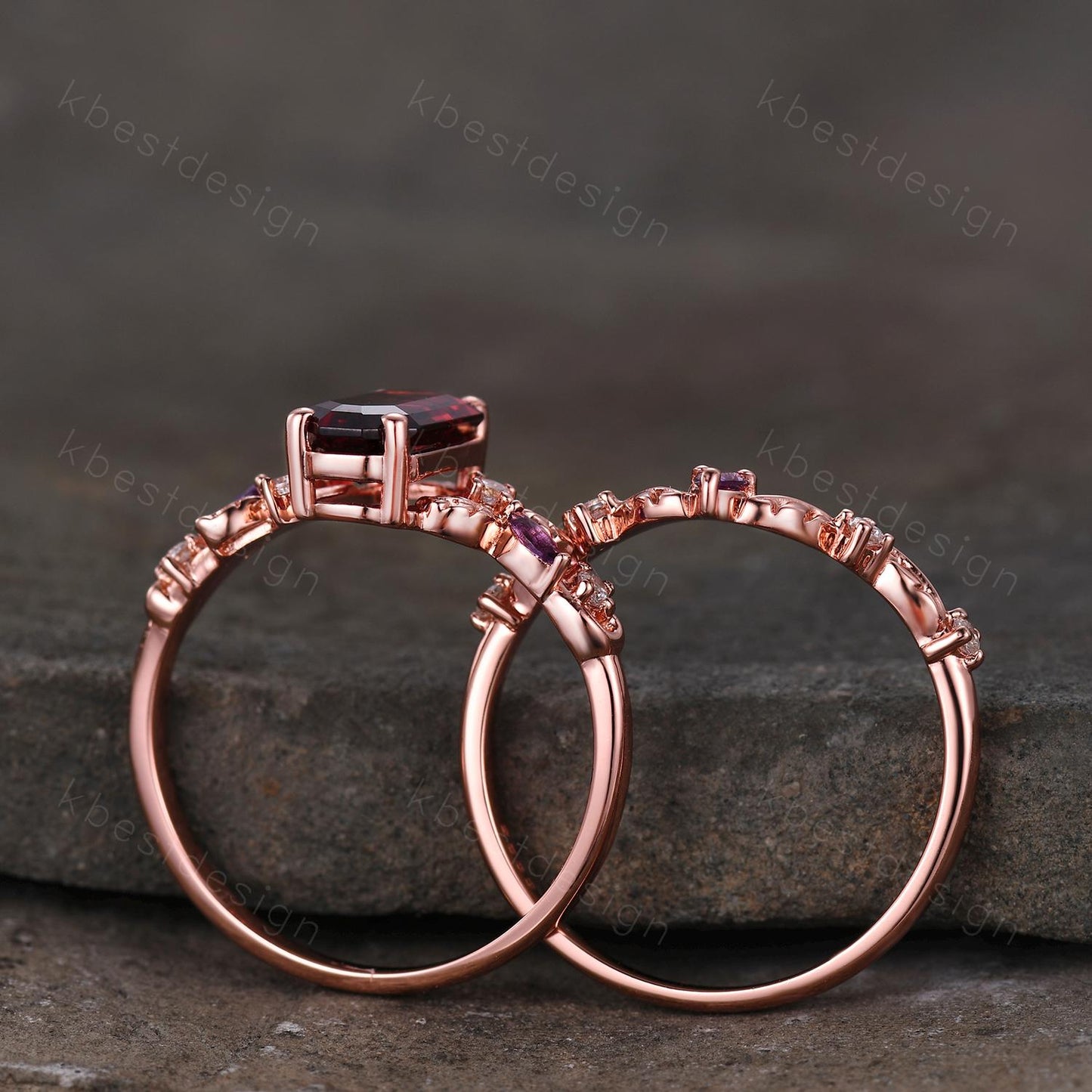 Vintage emerald garnet engagement ring set rose gold twig leaf amethyst ring nature branch ring unique art deco bridal wedding ring set