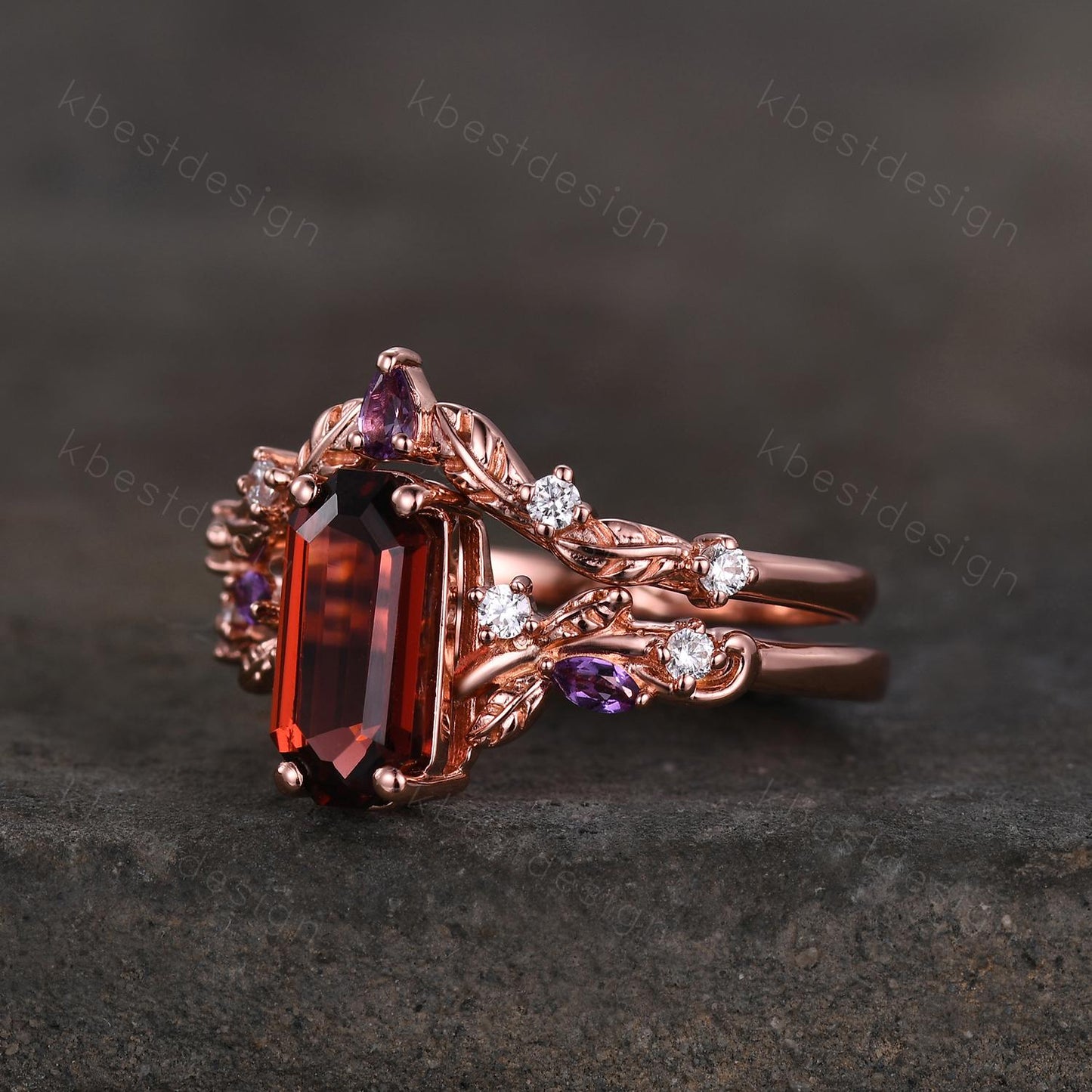 Vintage emerald garnet engagement ring set rose gold twig leaf amethyst ring nature branch ring unique art deco bridal wedding ring set