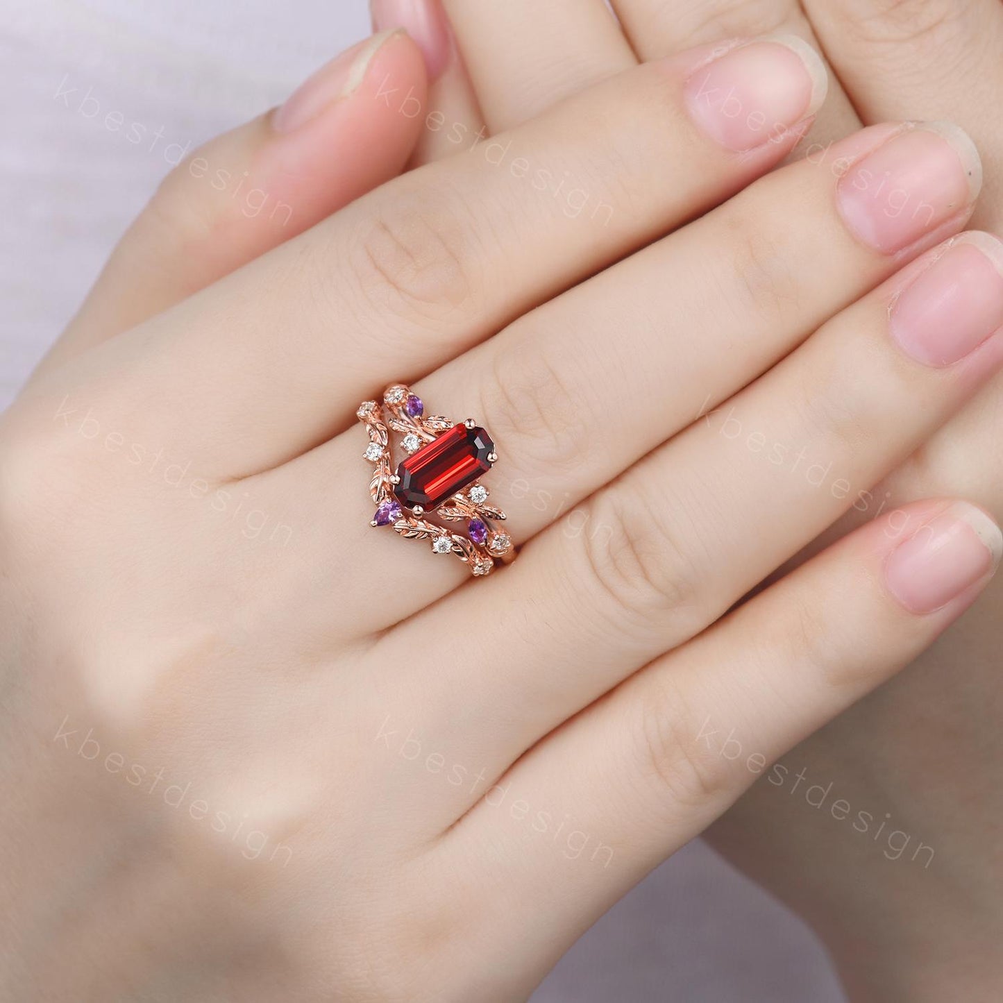Vintage emerald garnet engagement ring set rose gold twig leaf amethyst ring nature branch ring unique art deco bridal wedding ring set
