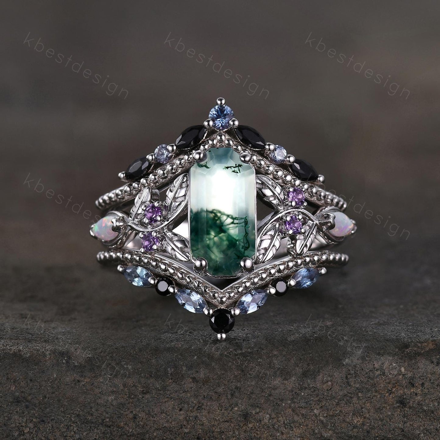 Antique Moss Agate Engagement Ring Set Retro Emerald cut Engagement Ring Unique Double Curved Alexandrite Stacking Band Bridal Promise Set