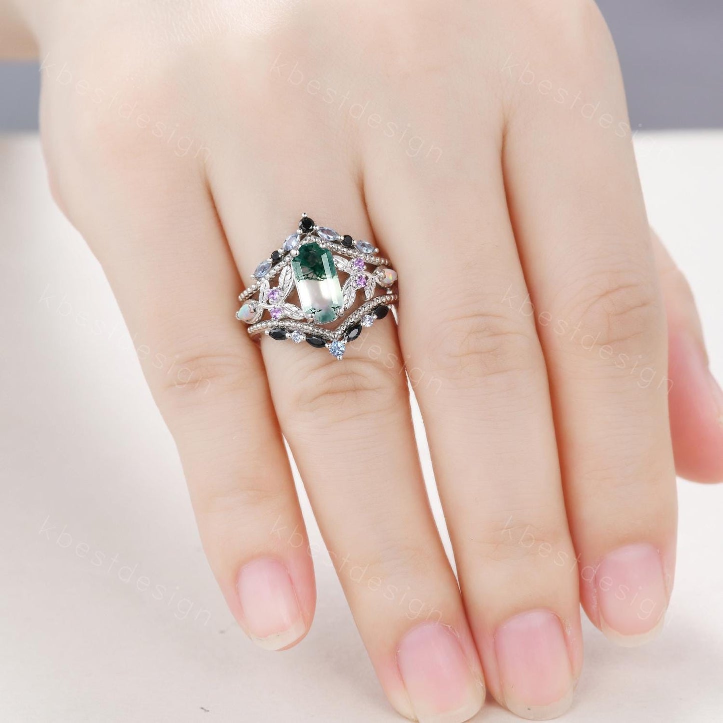 Antique Moss Agate Engagement Ring Set Retro Emerald cut Engagement Ring Unique Double Curved Alexandrite Stacking Band Bridal Promise Set