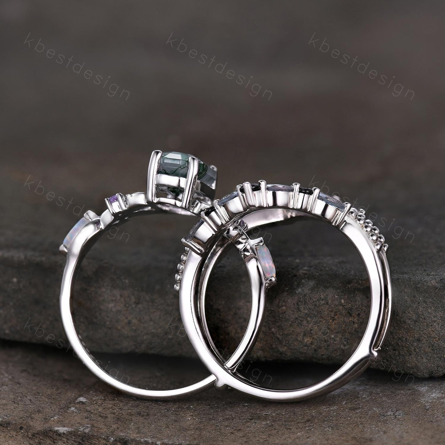 Antique Moss Agate Engagement Ring Set Retro Emerald cut Engagement Ring Unique Double Curved Alexandrite Stacking Band Bridal Promise Set
