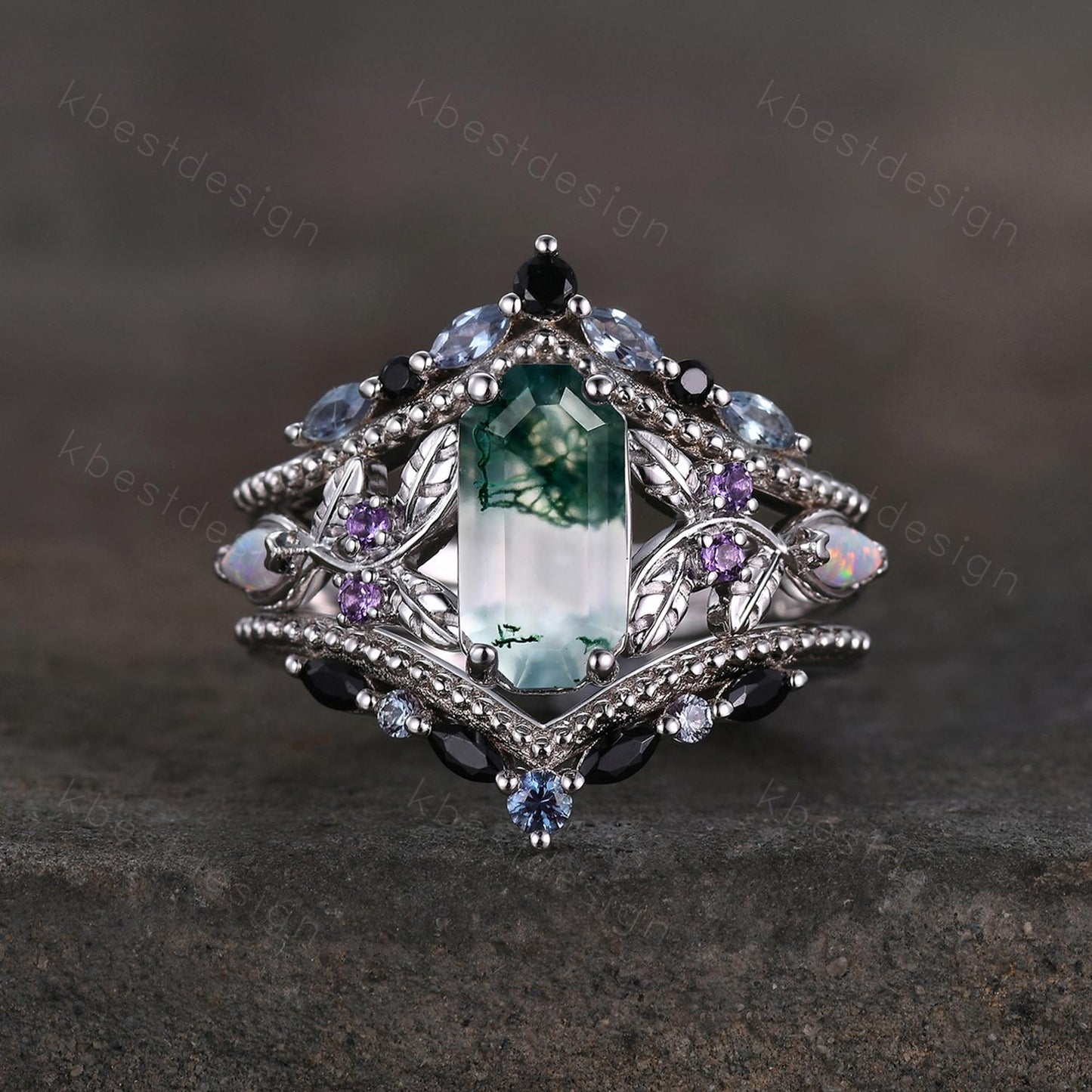 Antique Moss Agate Engagement Ring Set Retro Emerald cut Engagement Ring Unique Double Curved Alexandrite Stacking Band Bridal Promise Set