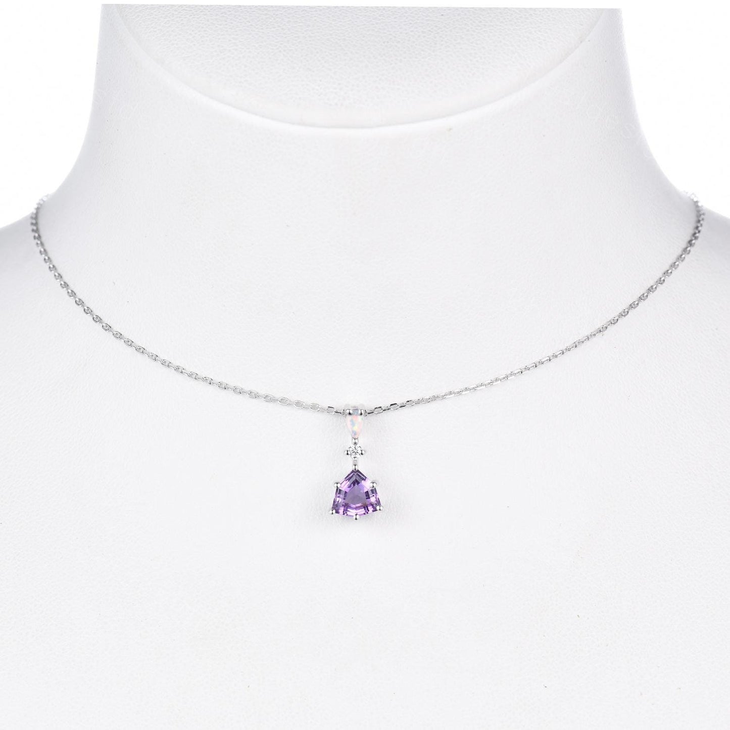 Vintage Amethyst Opal Necklace, White Gold Trillion cut Amethyst Pendant, February Birthstone Jewelry, Unique Art Deco Bridal Promise Gift