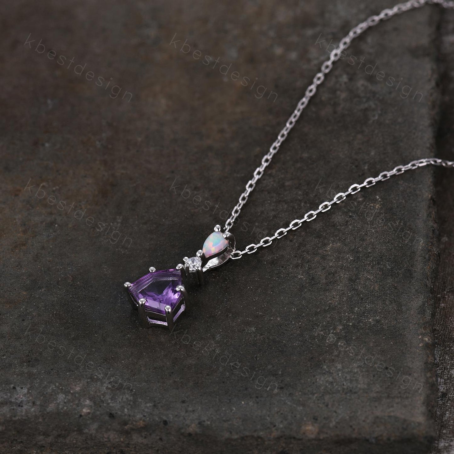 Vintage Amethyst Opal Necklace, White Gold Trillion cut Amethyst Pendant, February Birthstone Jewelry, Unique Art Deco Bridal Promise Gift