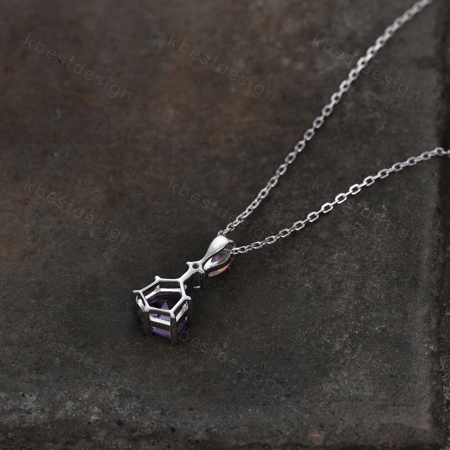 Vintage Amethyst Opal Necklace, White Gold Trillion cut Amethyst Pendant, February Birthstone Jewelry, Unique Art Deco Bridal Promise Gift
