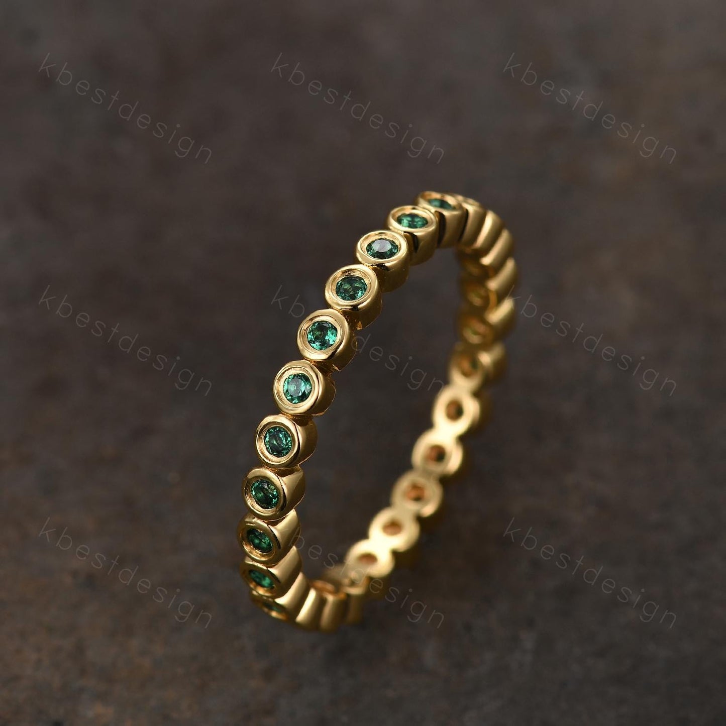 Bezel set Emerald wedding band yellow gold full eternity wedding band unique stacking matching band 1.5mm emerald ring Anniversary band