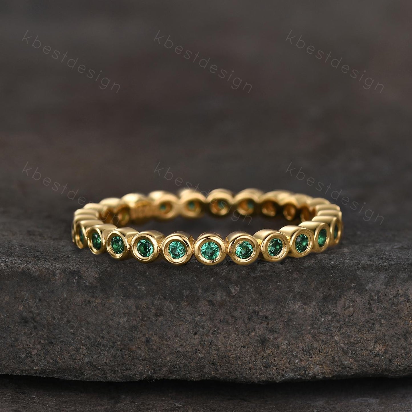 Bezel set Emerald wedding band yellow gold full eternity wedding band unique stacking matching band 1.5mm emerald ring Anniversary band