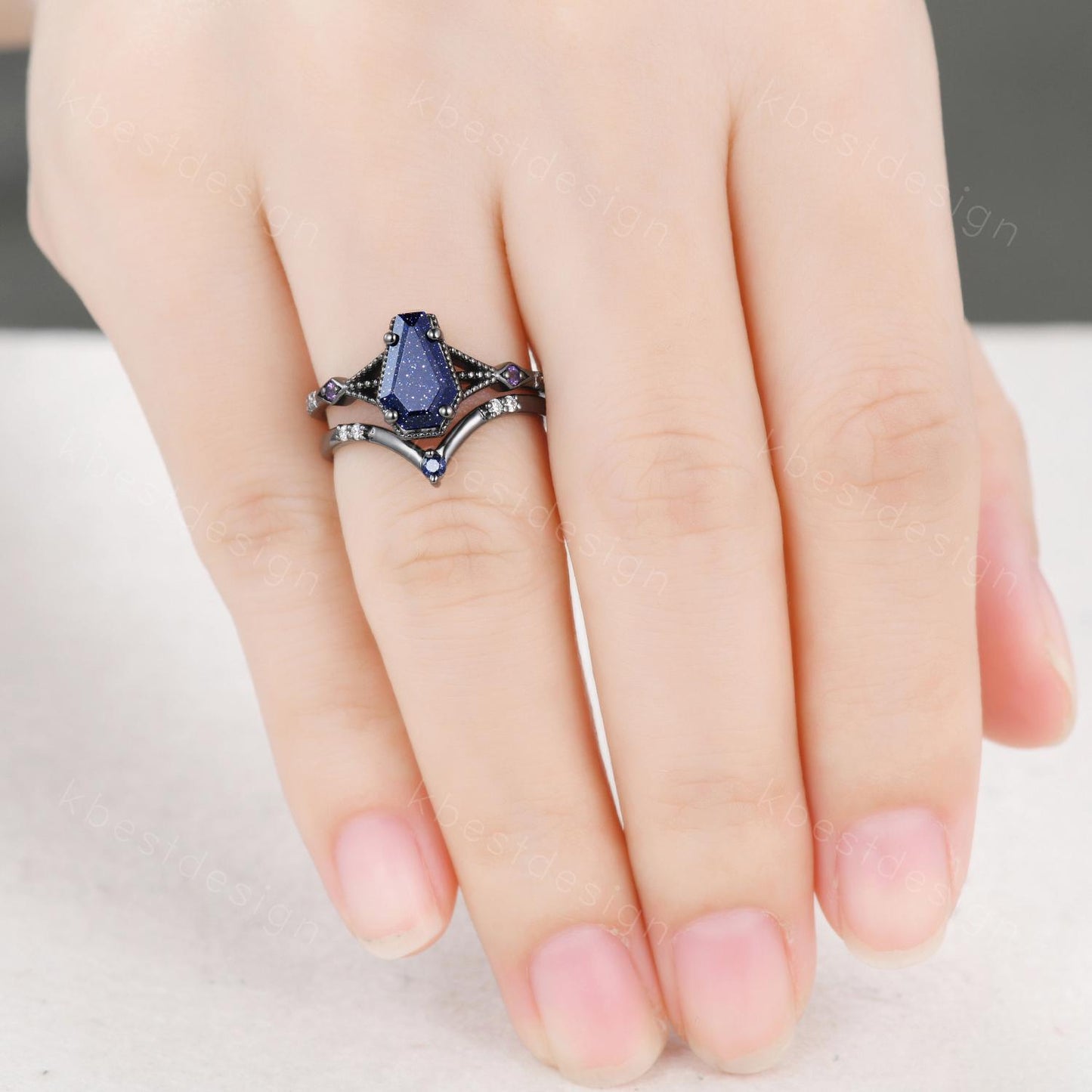 Vintage Coffin cut Blue Sandstone Engagement Ring Art Deco Galaxy Wedding Ring Gothic Black Gold Ring Unique Bridal Promise Set