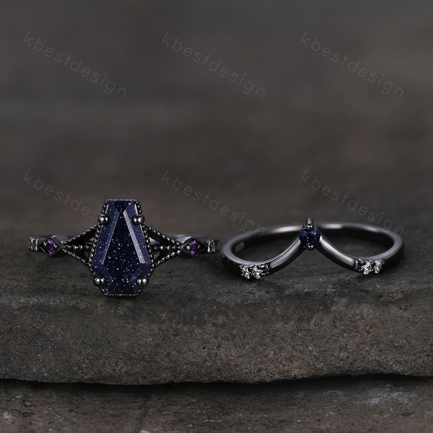Vintage Coffin cut Blue Sandstone Engagement Ring Art Deco Galaxy Wedding Ring Gothic Black Gold Ring Unique Bridal Promise Set