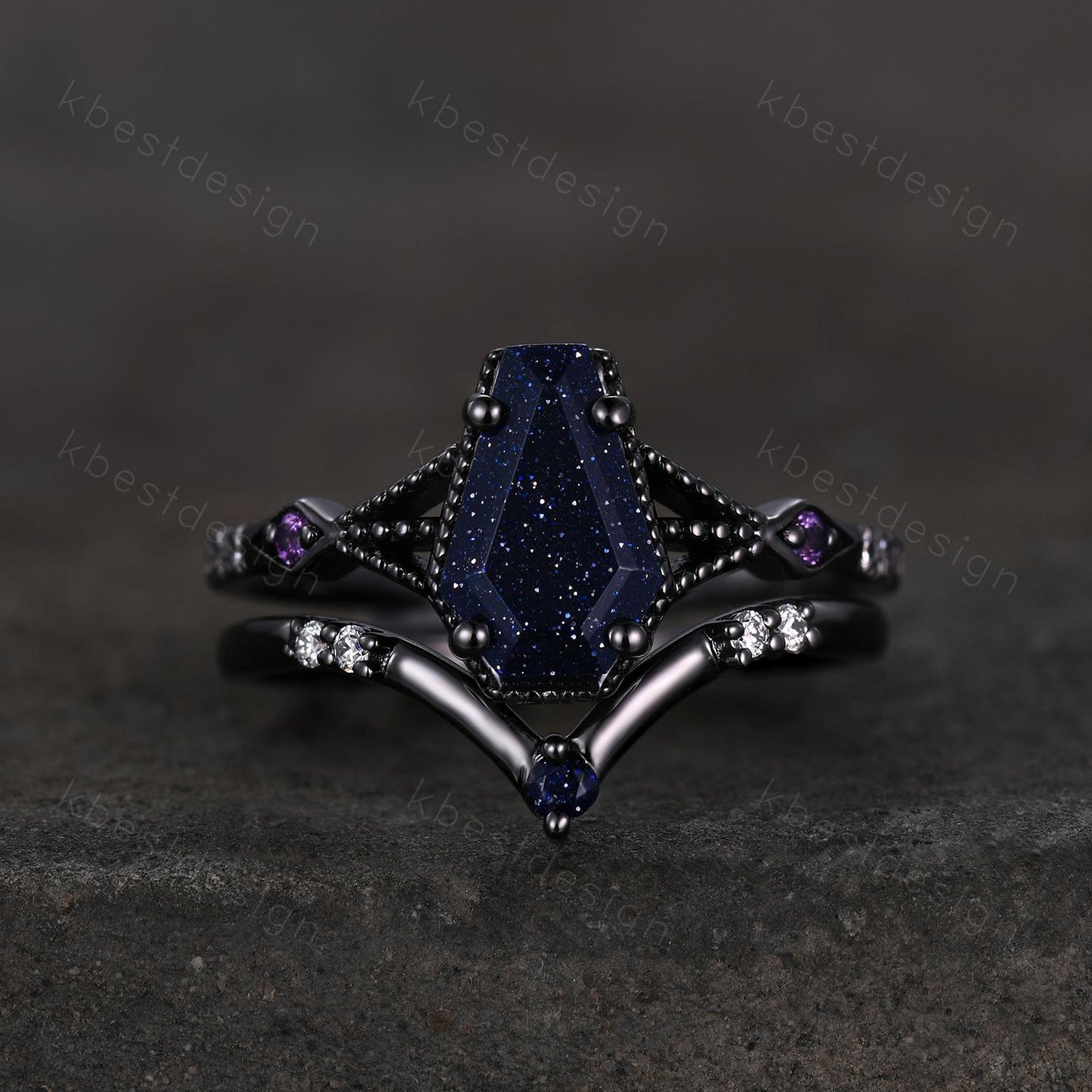 Vintage Coffin cut Blue Sandstone Engagement Ring Art Deco Galaxy Wedding Ring Gothic Black Gold Ring Unique Bridal Promise Set