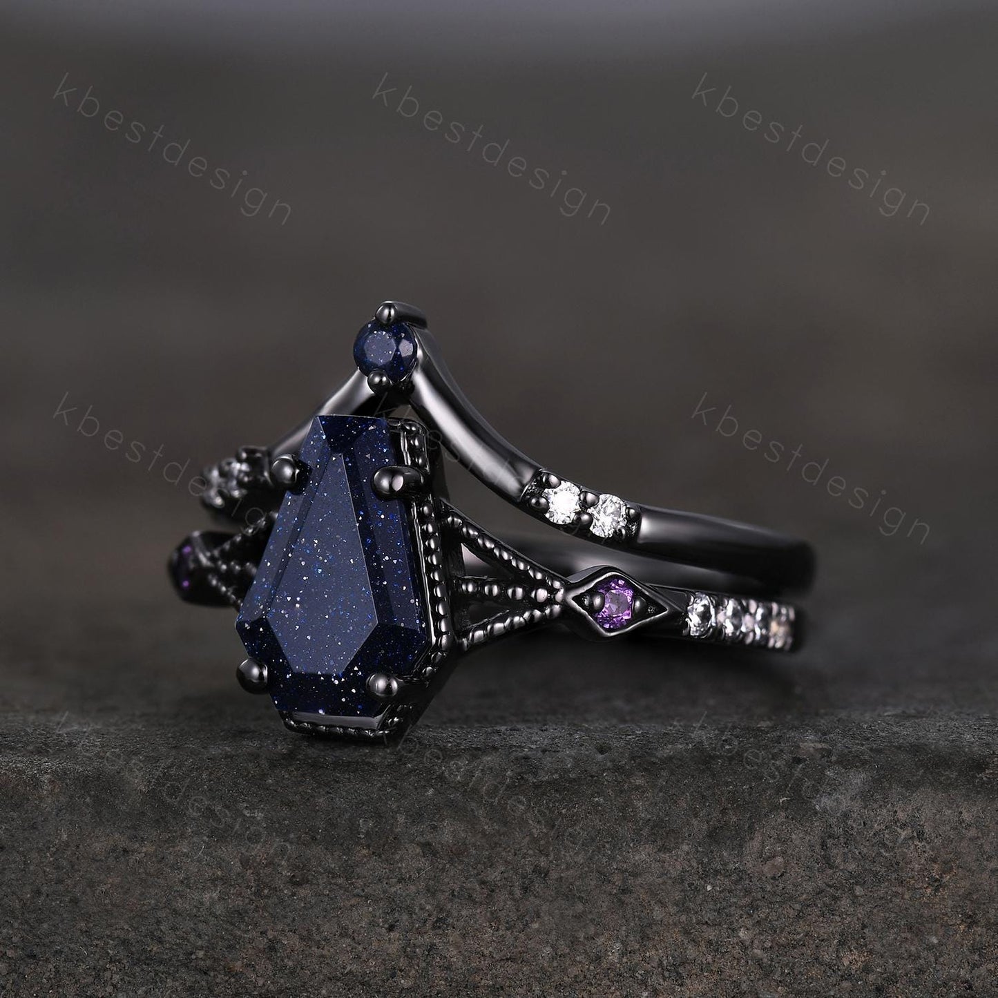 Vintage Coffin cut Blue Sandstone Engagement Ring Art Deco Galaxy Wedding Ring Gothic Black Gold Ring Unique Bridal Promise Set