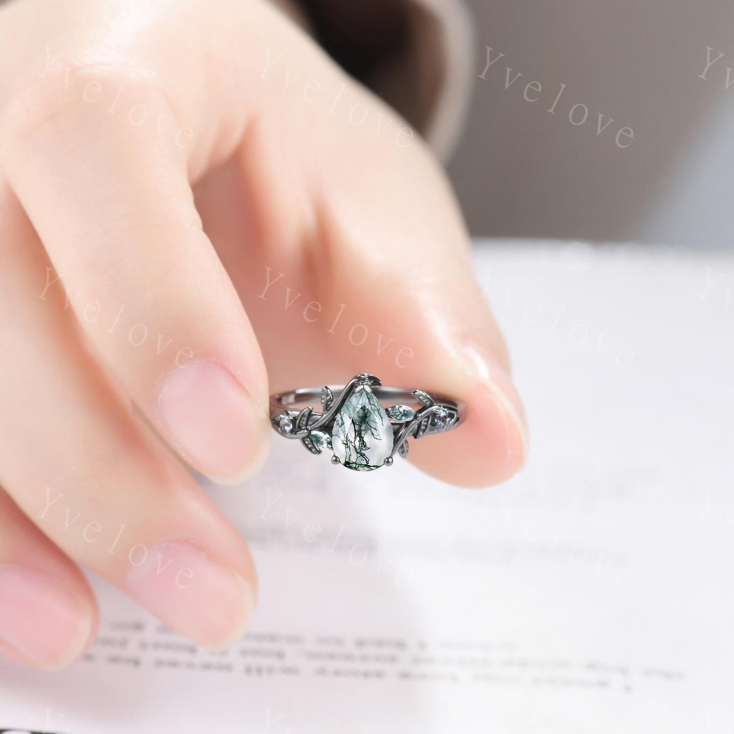 Teardrop Moss Agate Engagement ring 14K Black Gold Leaf Nature Inspired Bridal Sets Promise Ring Green Gemstone Ring Jewelry gifts for her