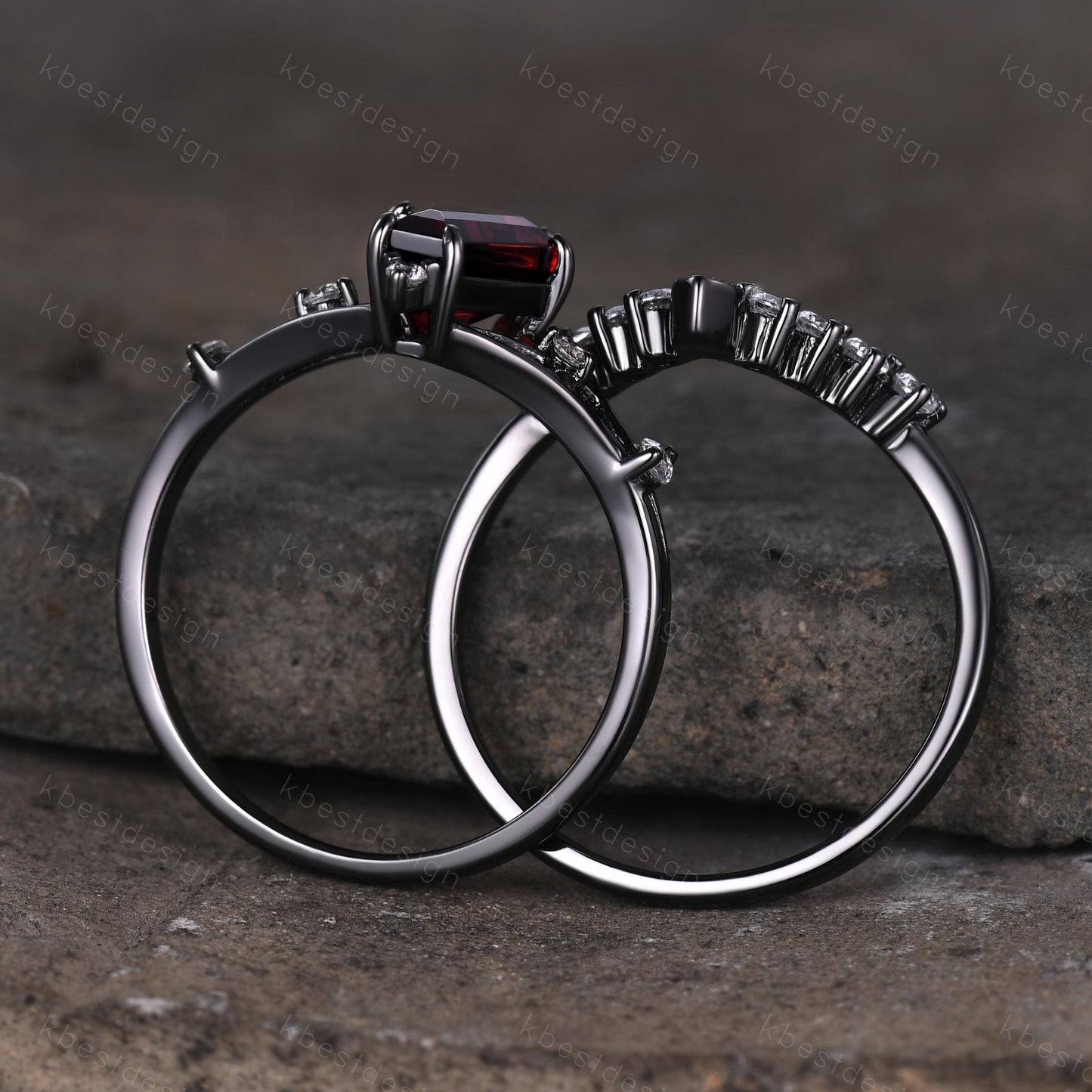 Gothic Garnet Engagement Ring Set Black Gold Rings For Women Unique Curved Moissanite Stacking Band Art Deco Shank Ring Promise Ring