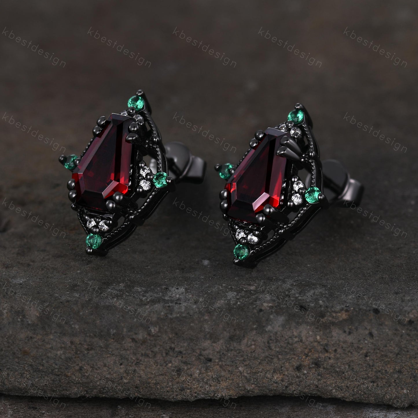 Antique garnet emerald earrings black gold earring studs coffin cut earrings vintage red garnet studs antique anniversary gift for her