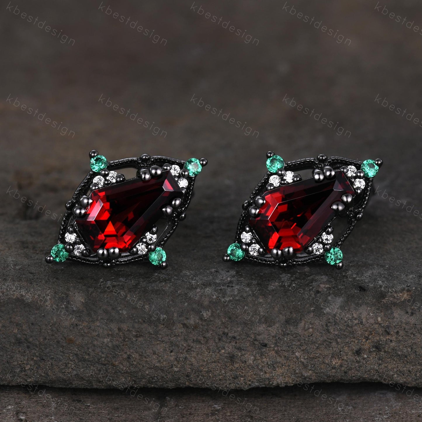 Antique garnet emerald earrings black gold earring studs coffin cut earrings vintage red garnet studs antique anniversary gift for her