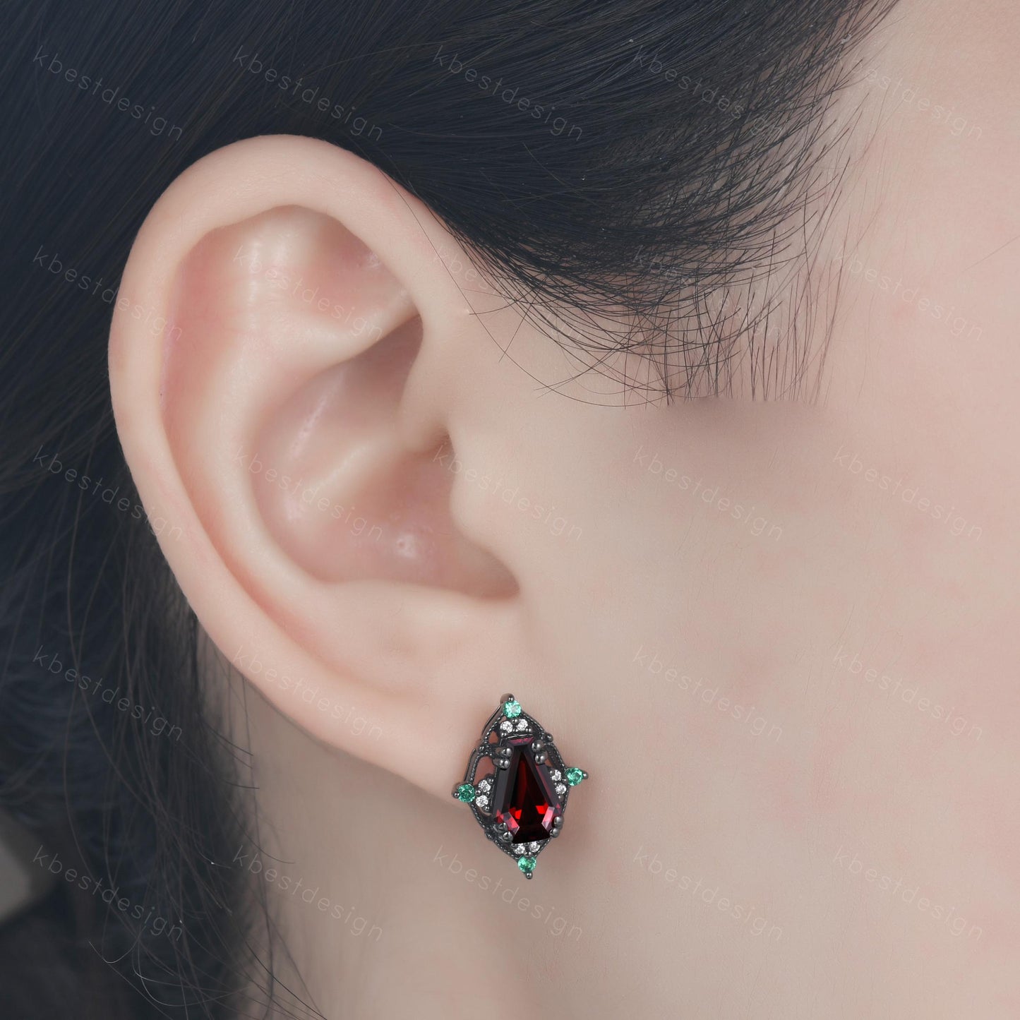 Antique garnet emerald earrings black gold earring studs coffin cut earrings vintage red garnet studs antique anniversary gift for her