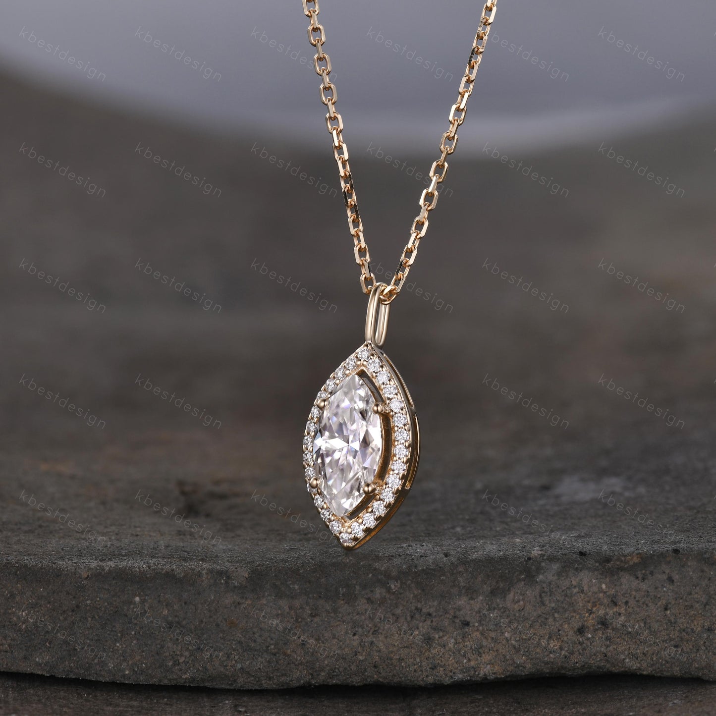 Marquise cut Moissanite necklace 14k solid gold halo moissanite diamond necklace pendant Vintage bridal anniversary gift for her
