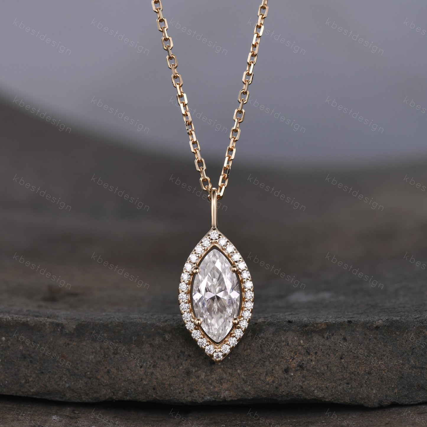Marquise cut Moissanite necklace 14k solid gold halo moissanite diamond necklace pendant Vintage bridal anniversary gift for her