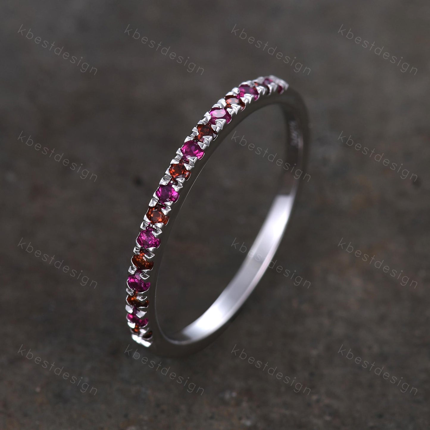 Garnet and Ruby Wedding Ring, Half Eternity Band, Garnet Wedding Ring, Two Birthstone Ring, Gemstone Band, Anniversary Ring