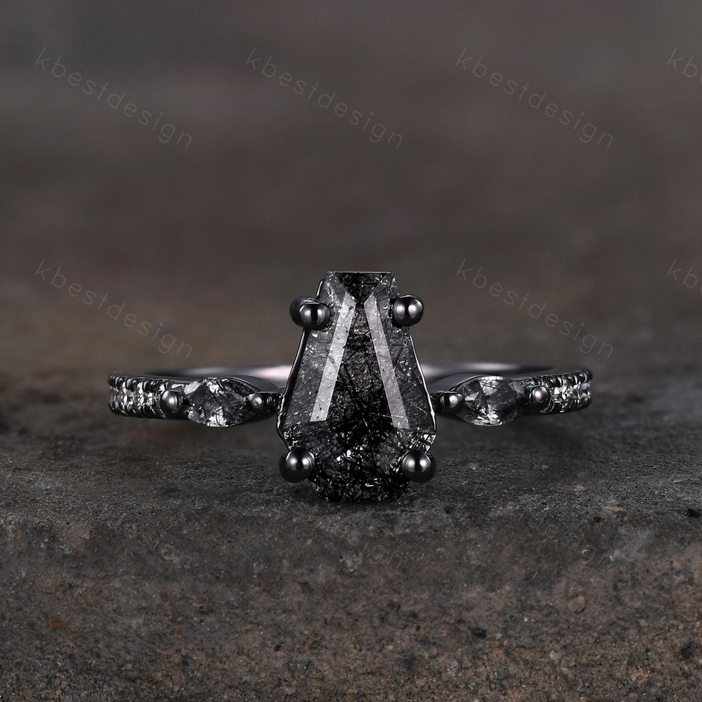 Vintage coffin cut black rutilated quartz ring Gothic black gold engagement ring unique ring Moissanite accents Anniversary promise ring