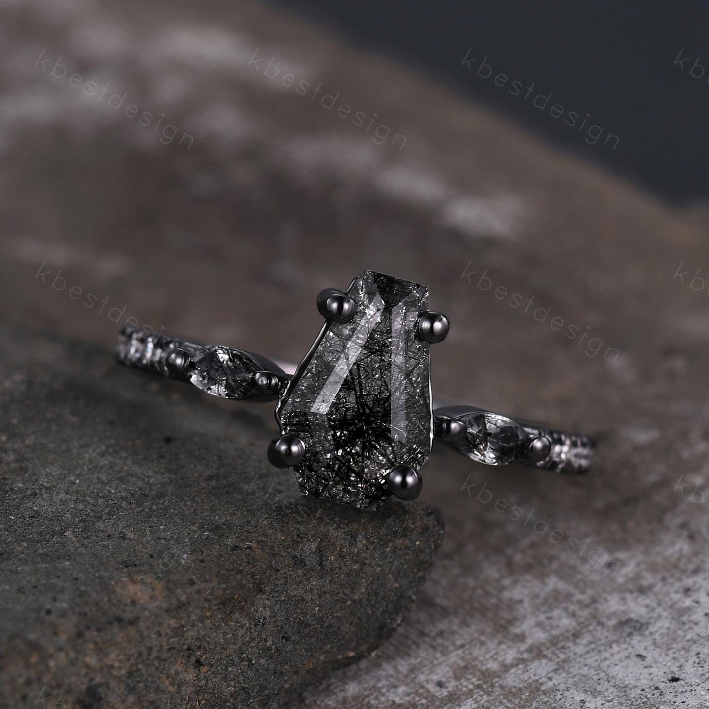 Vintage coffin cut black rutilated quartz ring Gothic black gold engagement ring unique ring Moissanite accents Anniversary promise ring