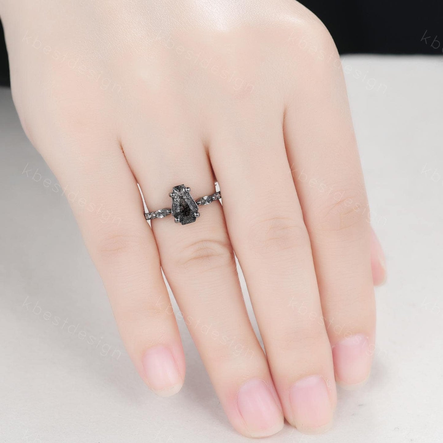 Vintage coffin cut black rutilated quartz ring Gothic black gold engagement ring unique ring Moissanite accents Anniversary promise ring