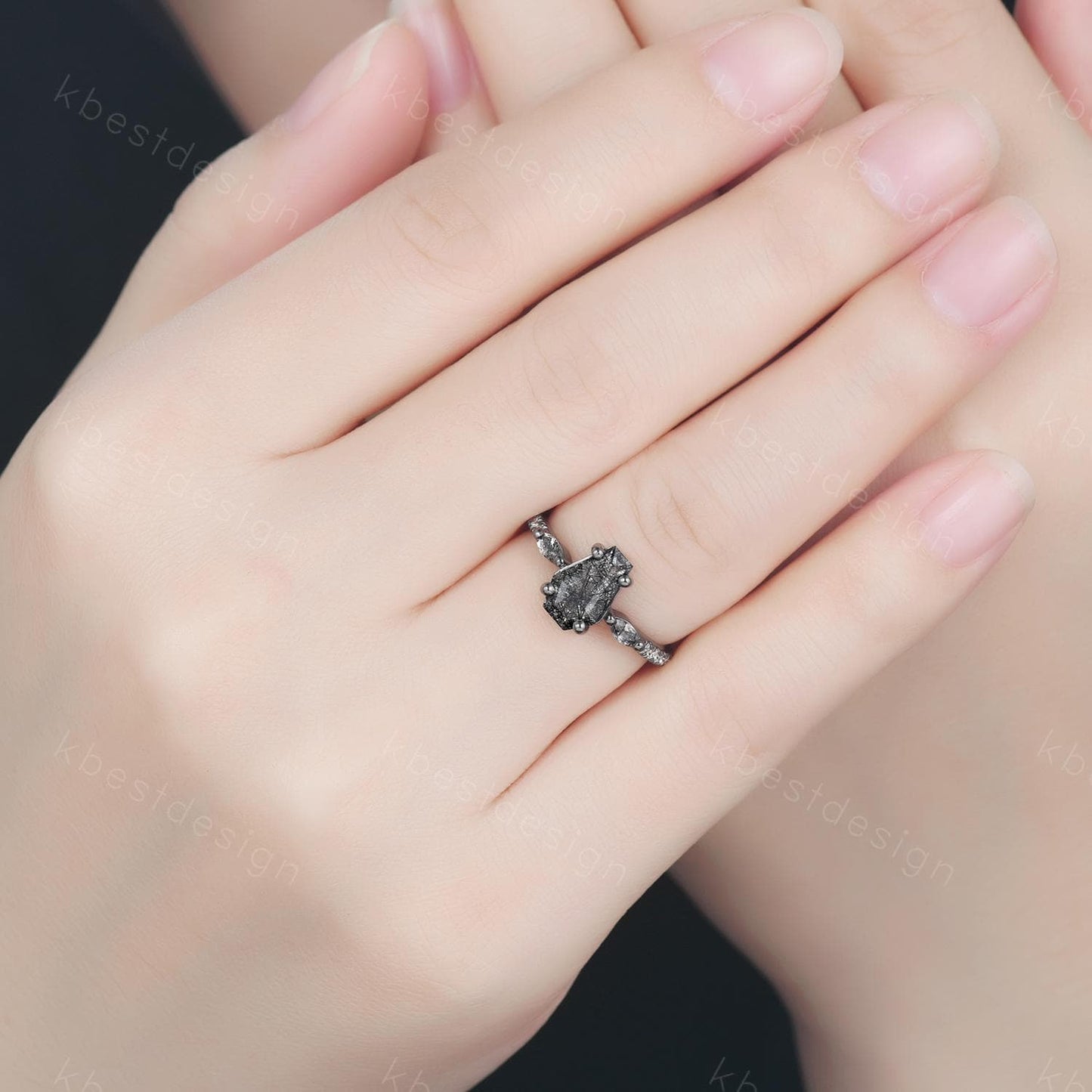 Vintage coffin cut black rutilated quartz ring Gothic black gold engagement ring unique ring Moissanite accents Anniversary promise ring