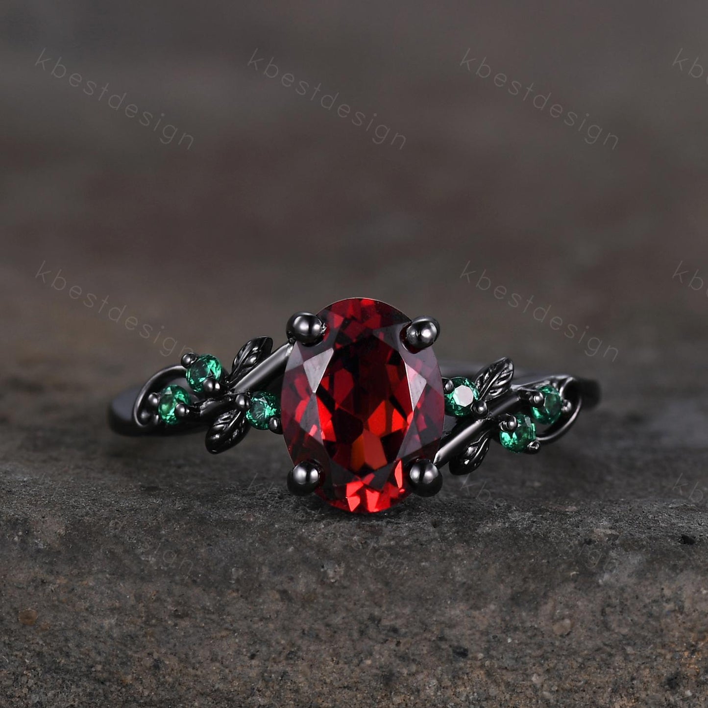Oval cut Garnet engagement ring set black gold twig leaf emerald ring nature branch ring unique art deco bridal wedding ring set