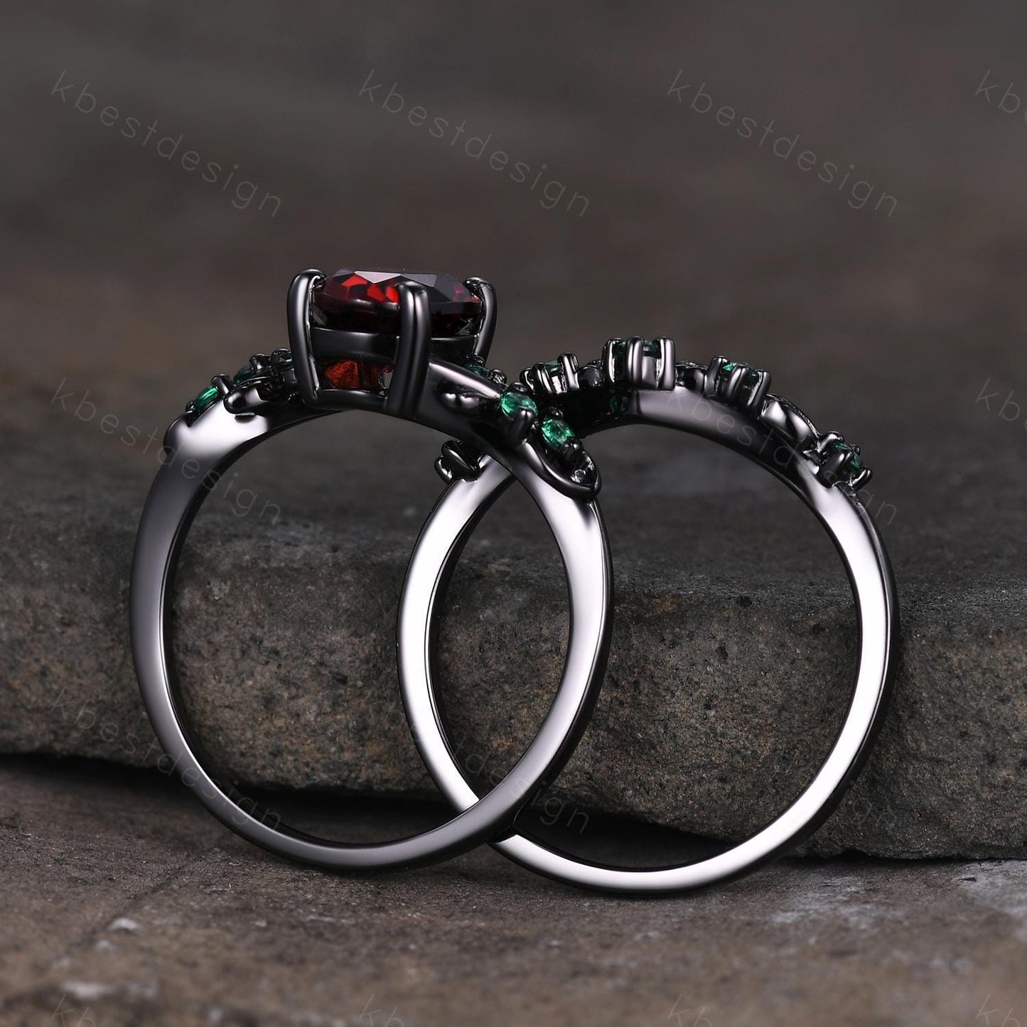 Oval cut Garnet engagement ring set black gold twig leaf emerald ring nature branch ring unique art deco bridal wedding ring set