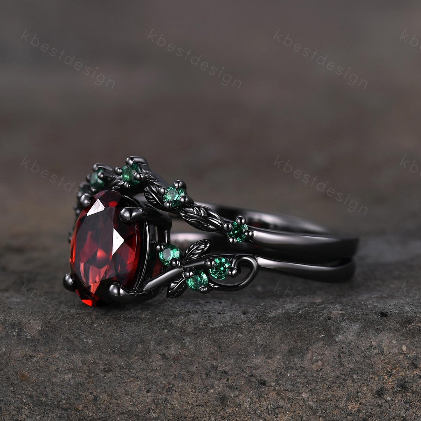 Oval cut Garnet engagement ring set black gold twig leaf emerald ring nature branch ring unique art deco bridal wedding ring set