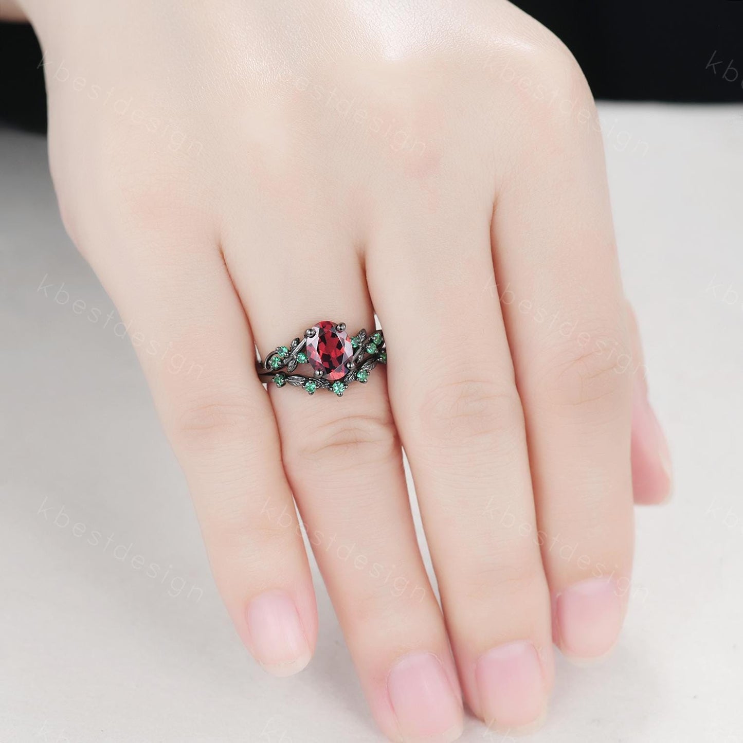 Oval cut Garnet engagement ring set black gold twig leaf emerald ring nature branch ring unique art deco bridal wedding ring set