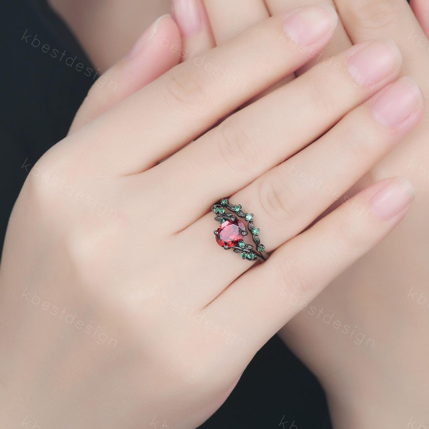 Oval cut Garnet engagement ring set black gold twig leaf emerald ring nature branch ring unique art deco bridal wedding ring set