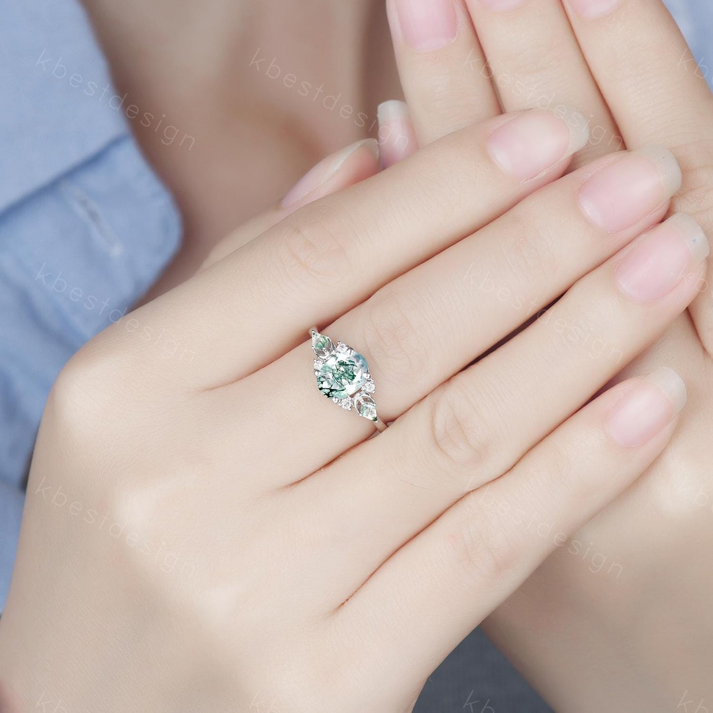 Vintage moss agate engagement ring unique promise ring for women crescent style ring kite cut moss agate cluster ring bridal ring