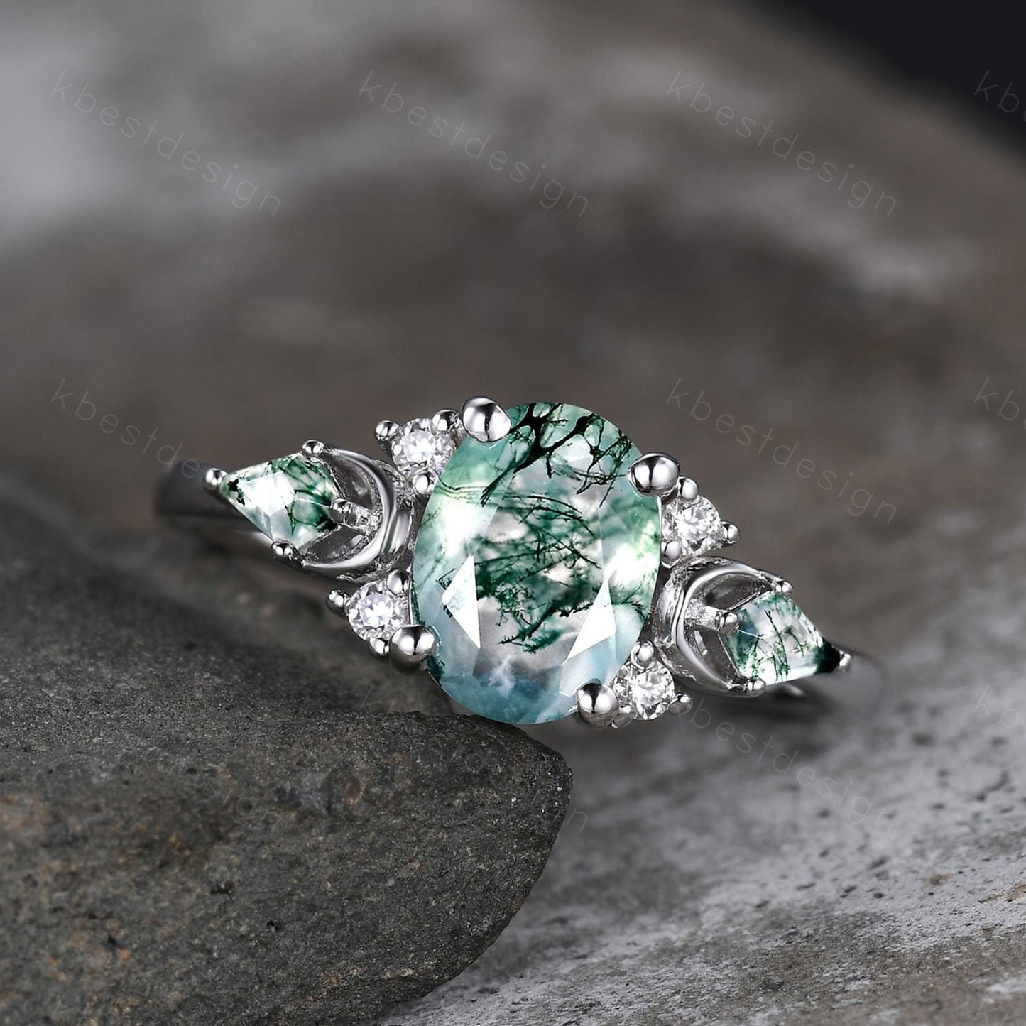 Vintage moss agate engagement ring unique promise ring for women crescent style ring kite cut moss agate cluster ring bridal ring